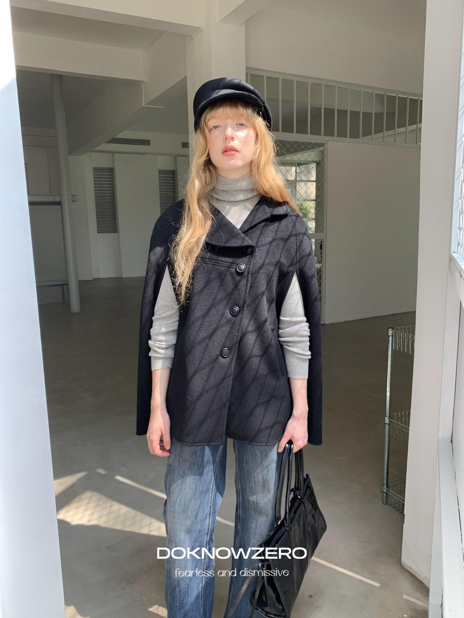 DKZ OFFICIAL Black Bud Collar Cape Double Breasted Women&