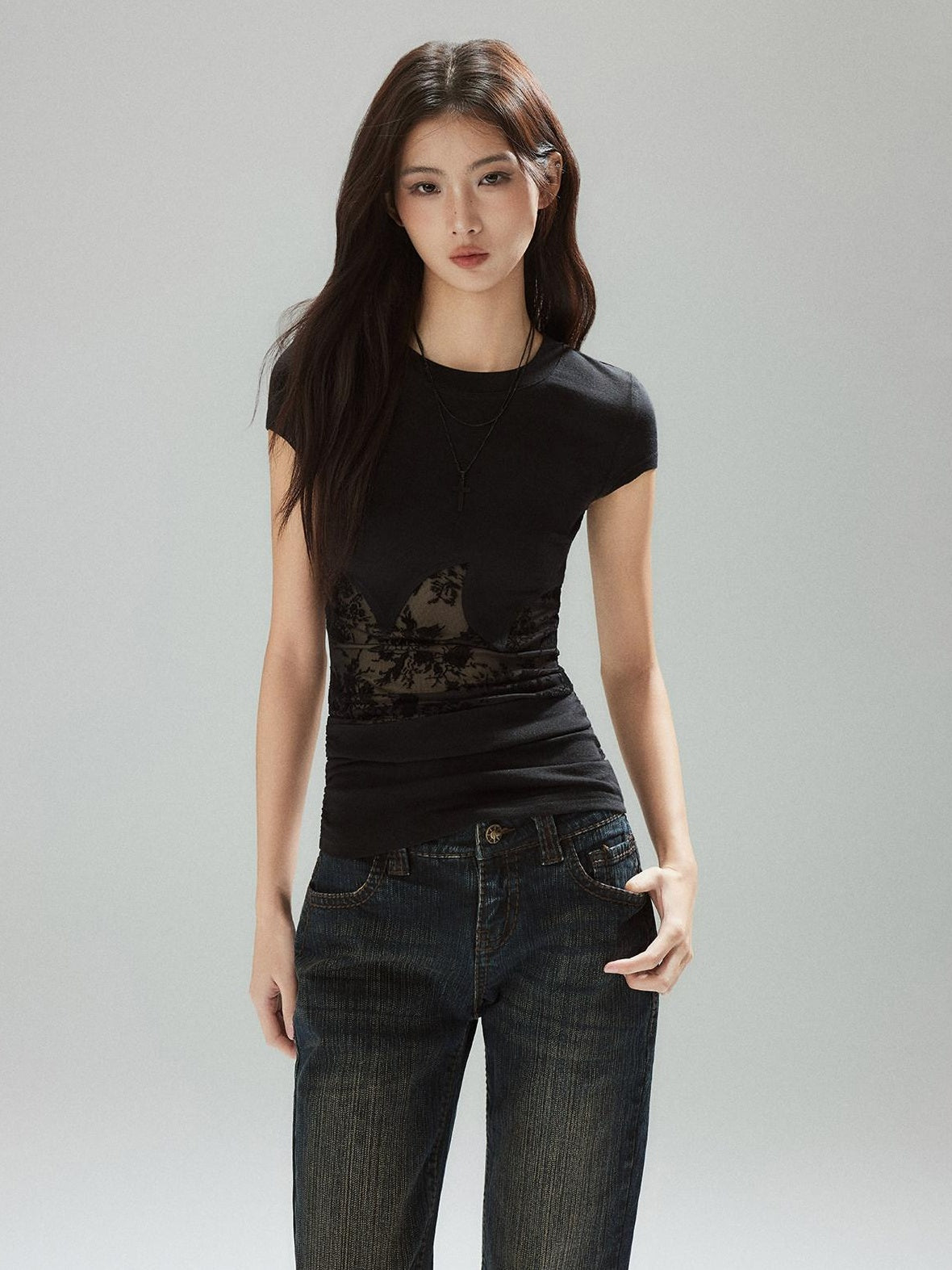 Low pixel Lyocell Slim Street Patchwork For Women Round Neck Short Sleeve T-Shirts