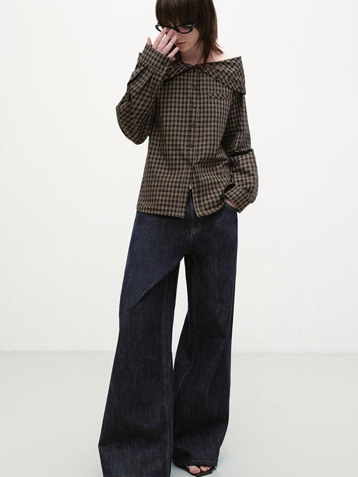RUN TO THE FUTURE Original Design Breathable Cotton Loose Fit Plaid Bardot Womens Blouses