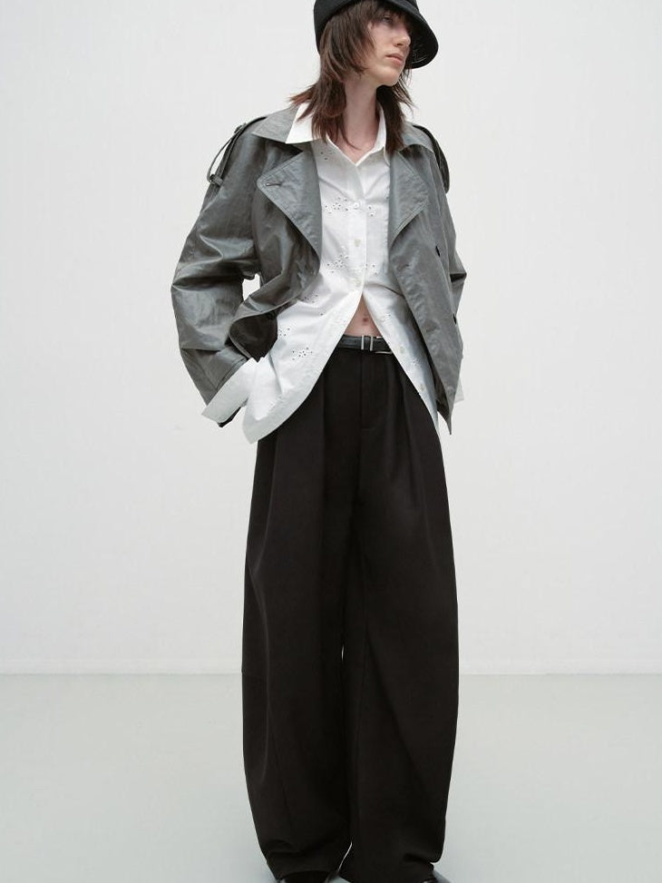 RUN TO THE FUTURE Pleated Minimalist Mid Rise Micro Stretch Casual Loose Fit Black Wide-Leg Pants