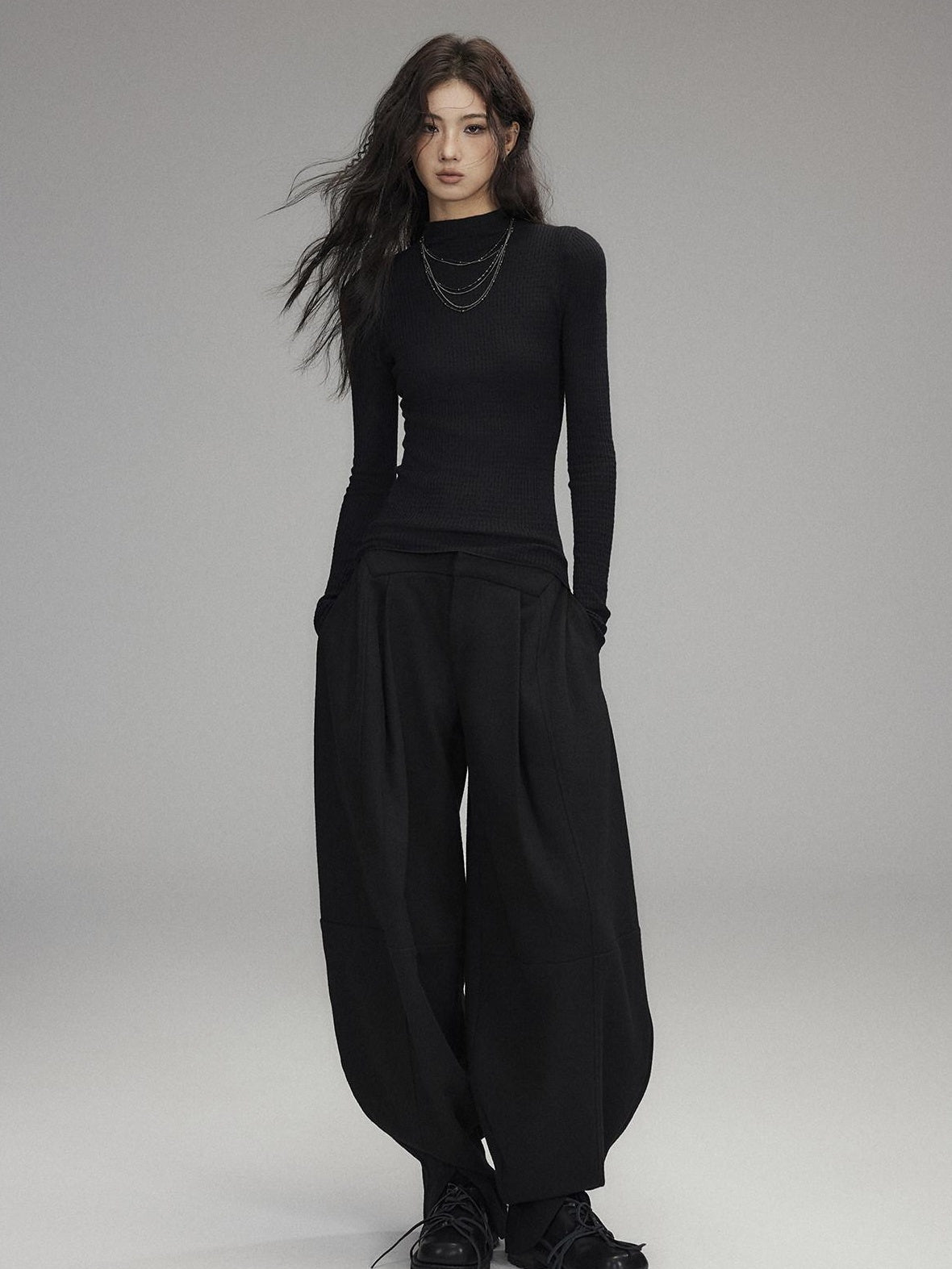 Low pixel Low Rise Wool Blend Micro Stretch Casual Zip Fly Women Black Wide Leg Pants