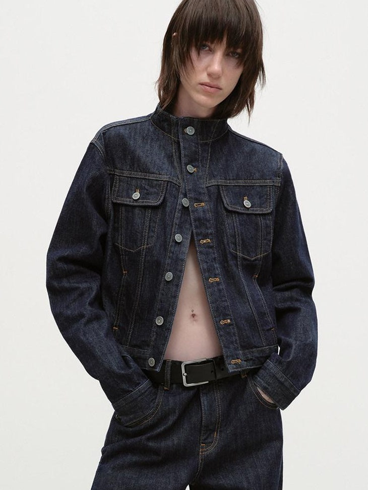 RUN TO THE FUTURE Indigo Two Piece Denim Set Button Jacket Casual Neutral Female Wide-Leg Jeans