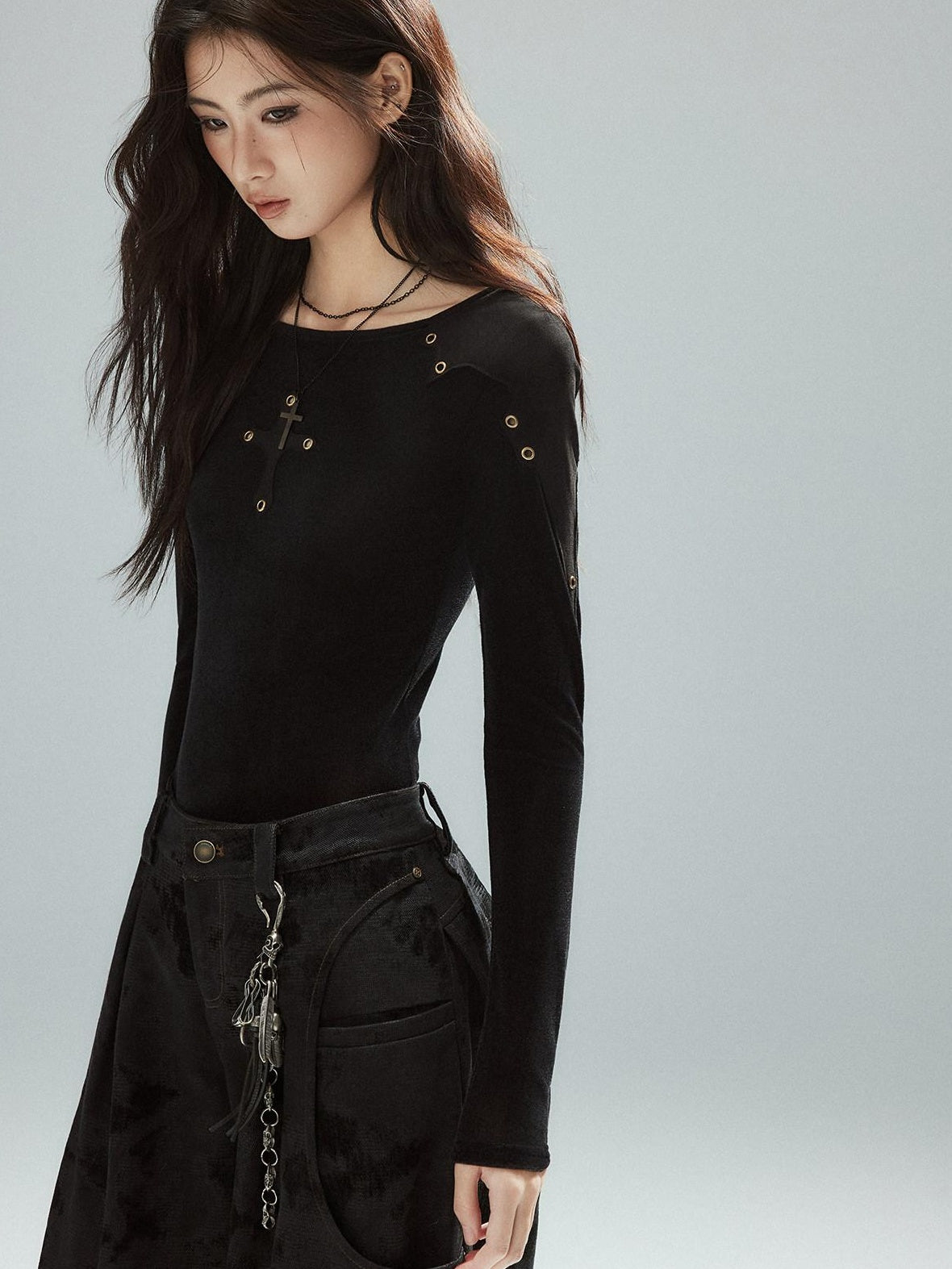 Low pixel Slim Fit Patchwork Casual Crewneck Black Stretch Young Women Long Sleeve T-Shirts