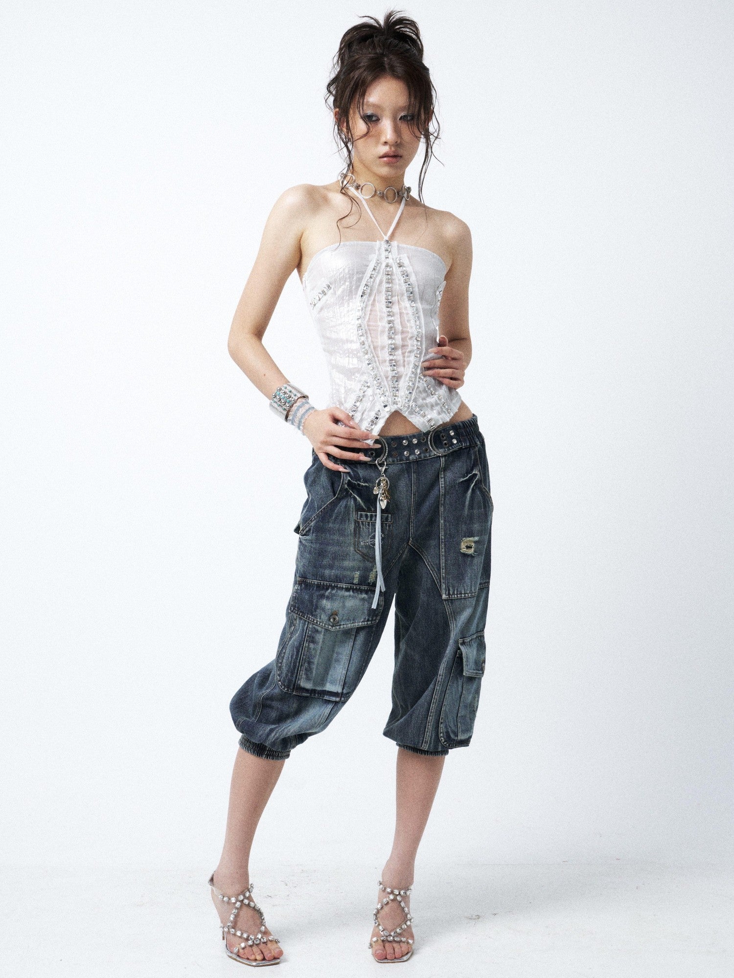 OPEN AESTHETIC Waterwashed Distressed Rhinestone Women&