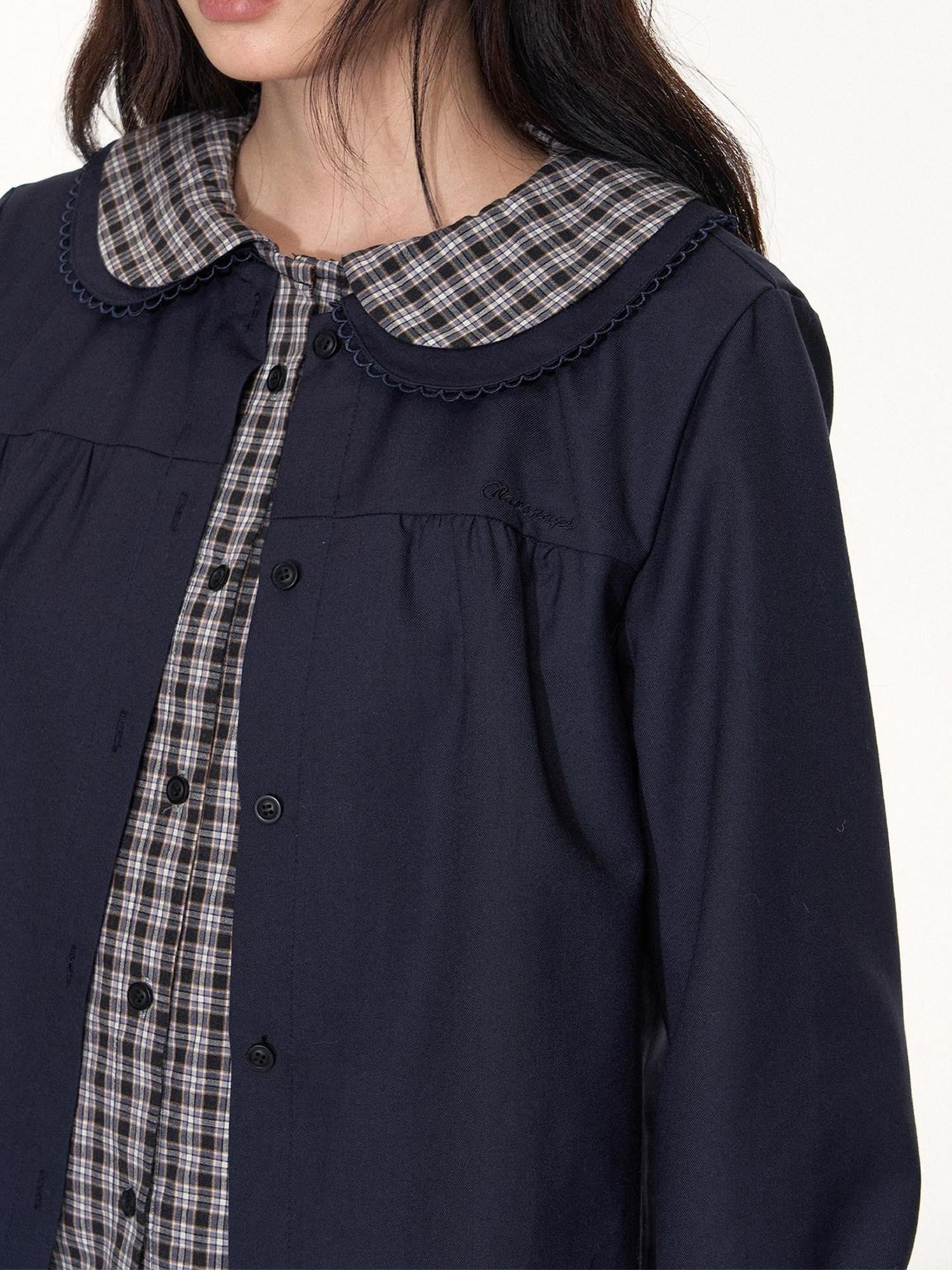 NAPSNAPS Navy Plaid Patchwork Doll Collar Faux Two Piece Women&