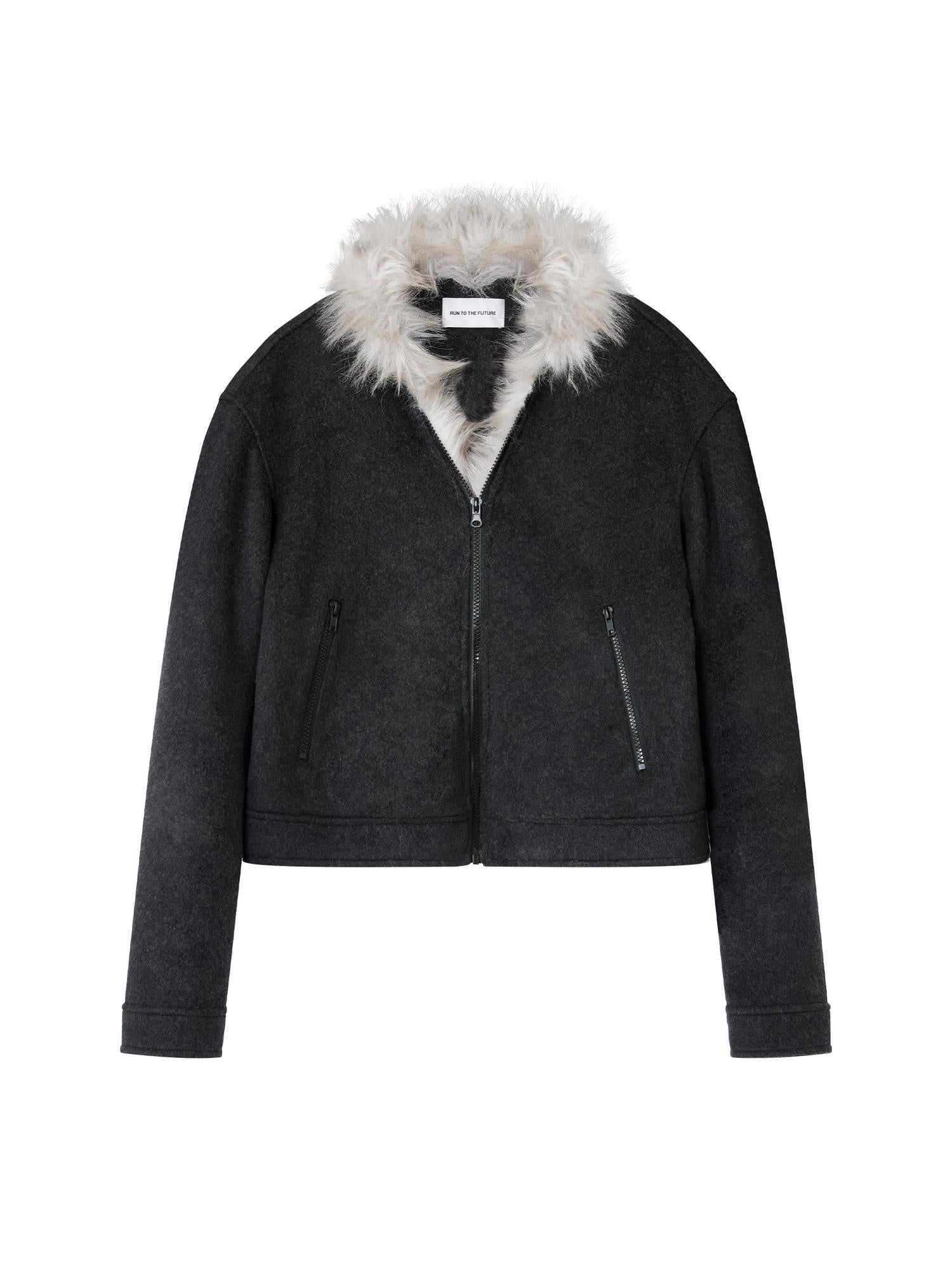 RUN TO THE FUTURE Warm Thick Patchwork Casual Zip Front Fur Collar Women Black Cardigans