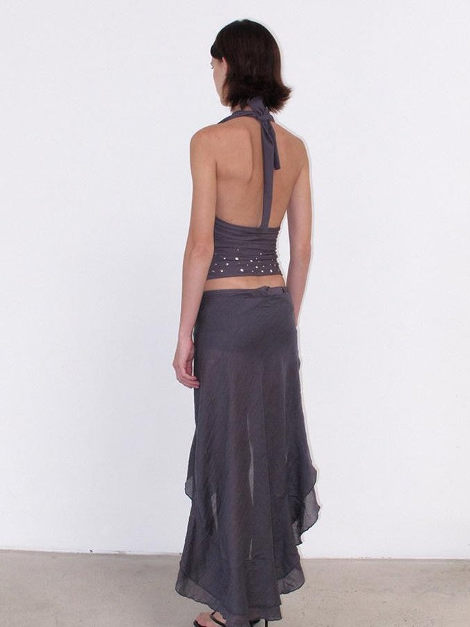 Mito de dar Purple Gray Sequin Halter Ruffle Women&