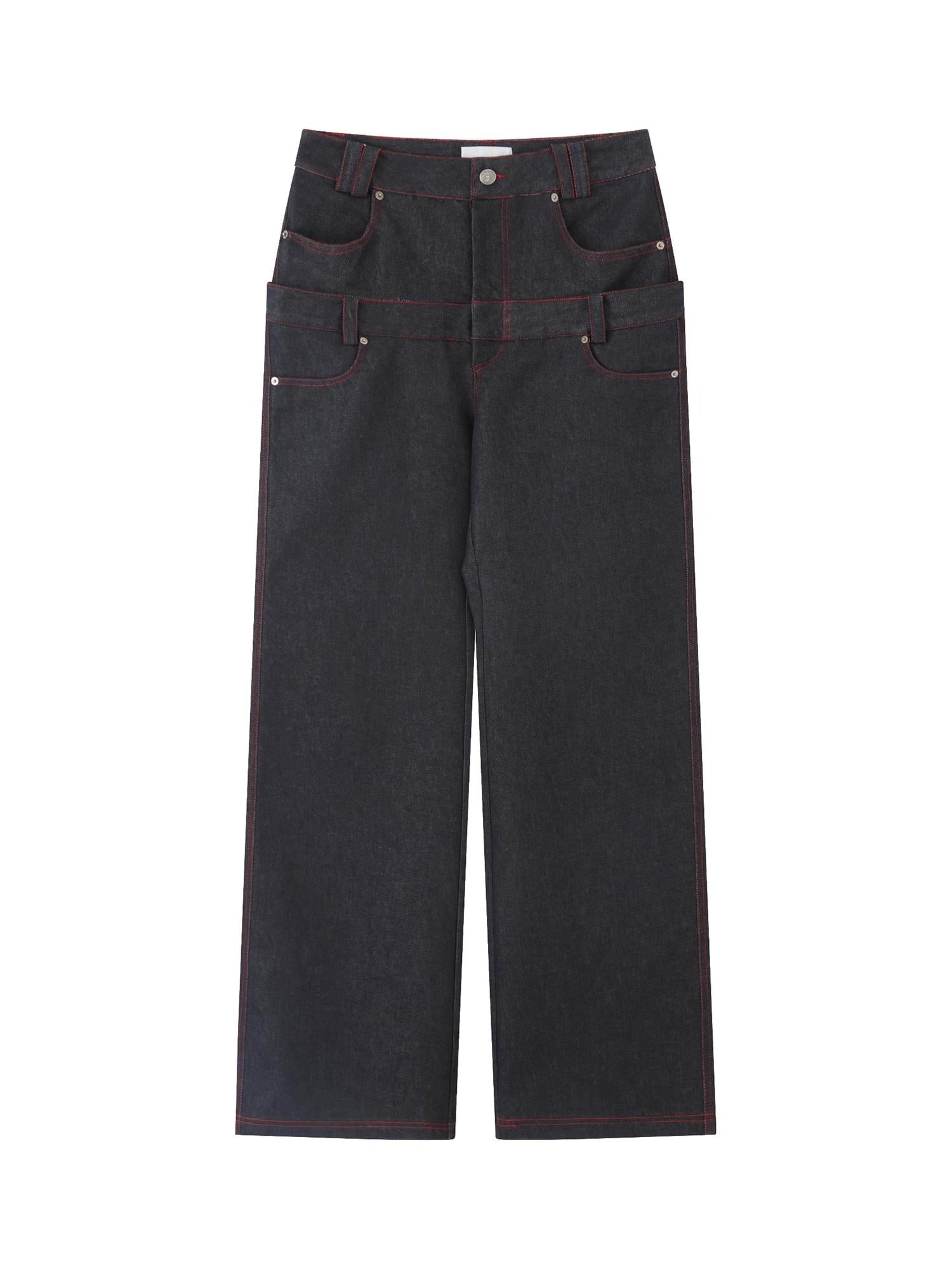 RUN TO THE FUTURE Low Rise Colorblock Loose Fit Zip Fly Black Denim Stretch Wide-Leg Jeans