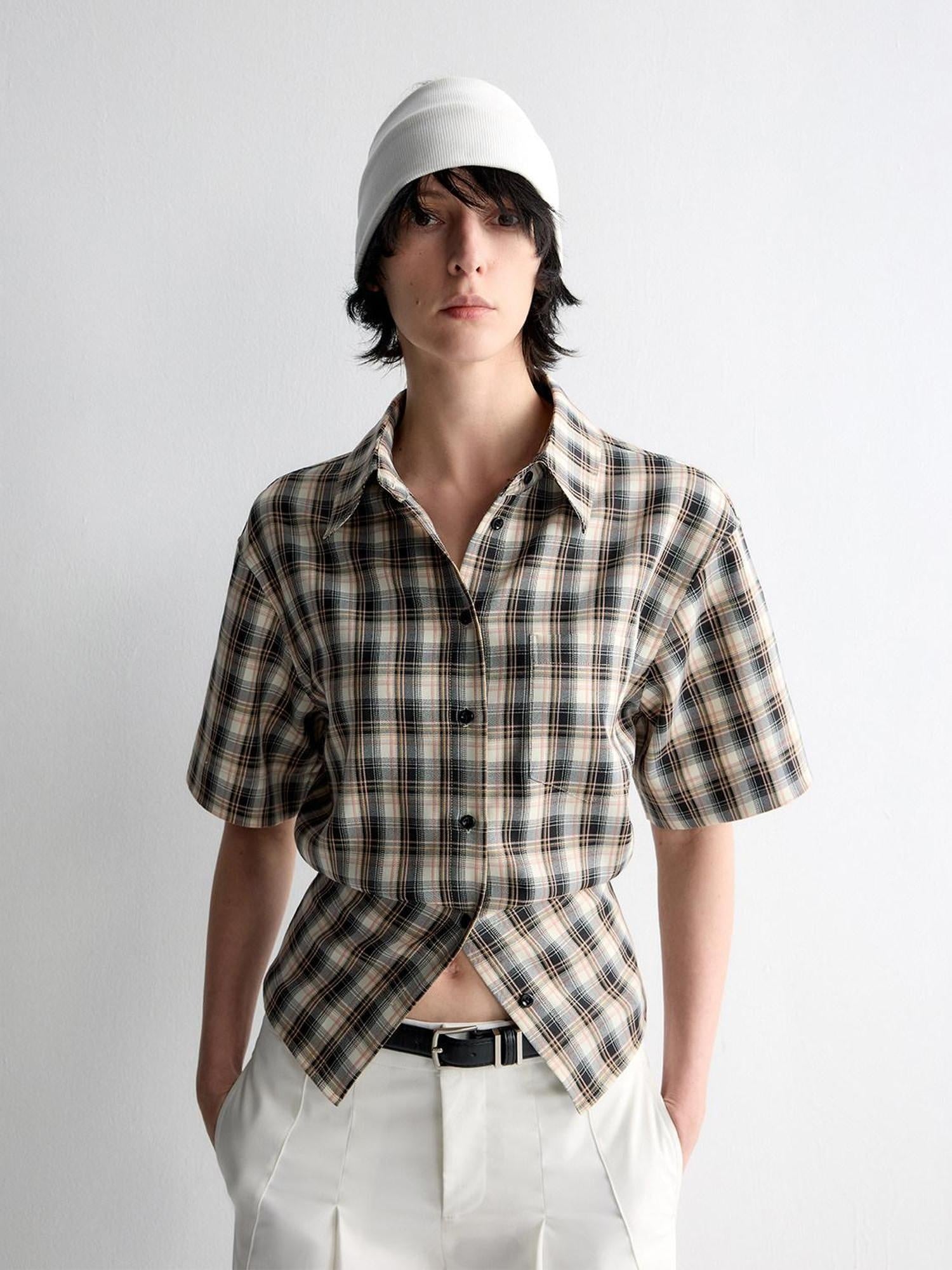 RUN TO THE FUTURE Skin Friendly Breathable Vintage Slim Tie Women Plaid Button Collar Shirts