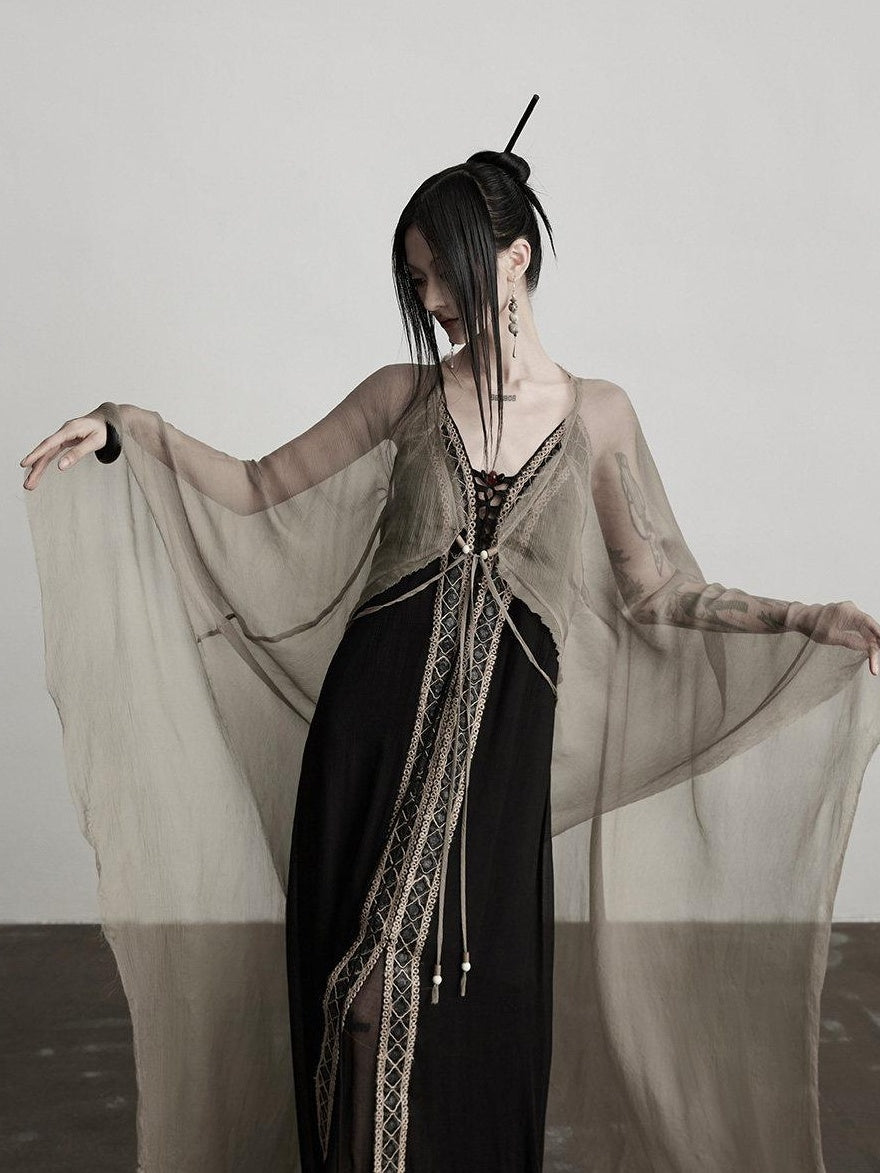 INDULGE Original Design Long Sleeve Mid Length Grey Solid One Size Sheer Shirts