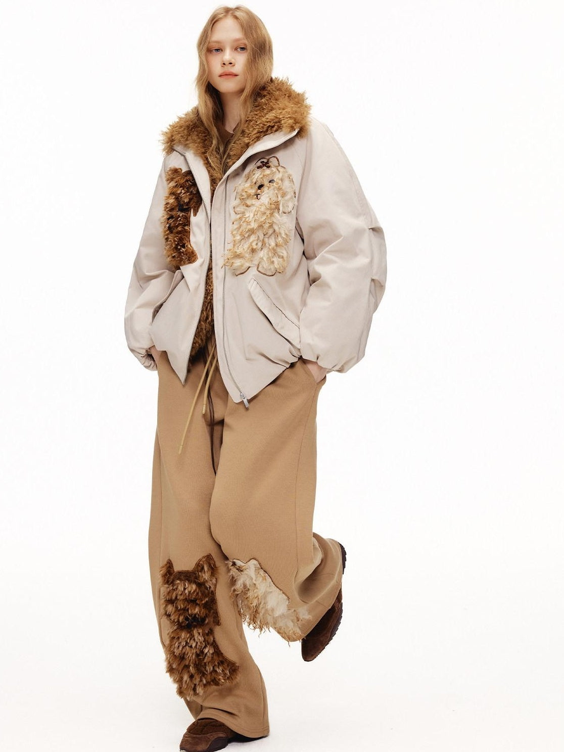 OuttheBlue Eco 90 Down Warm Loose Casual Patch Lapel High Waist Women Zipper Down Jackets