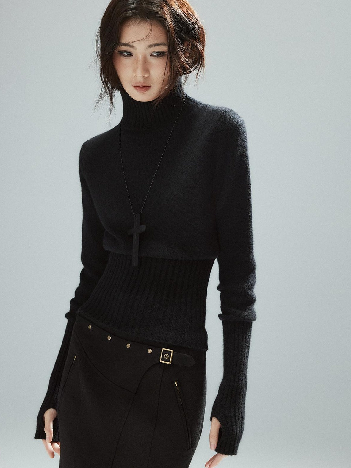 Low pixel Soft Viscose Wool Blend Street Slim Patchwork Women High Neck Knit Sweaters