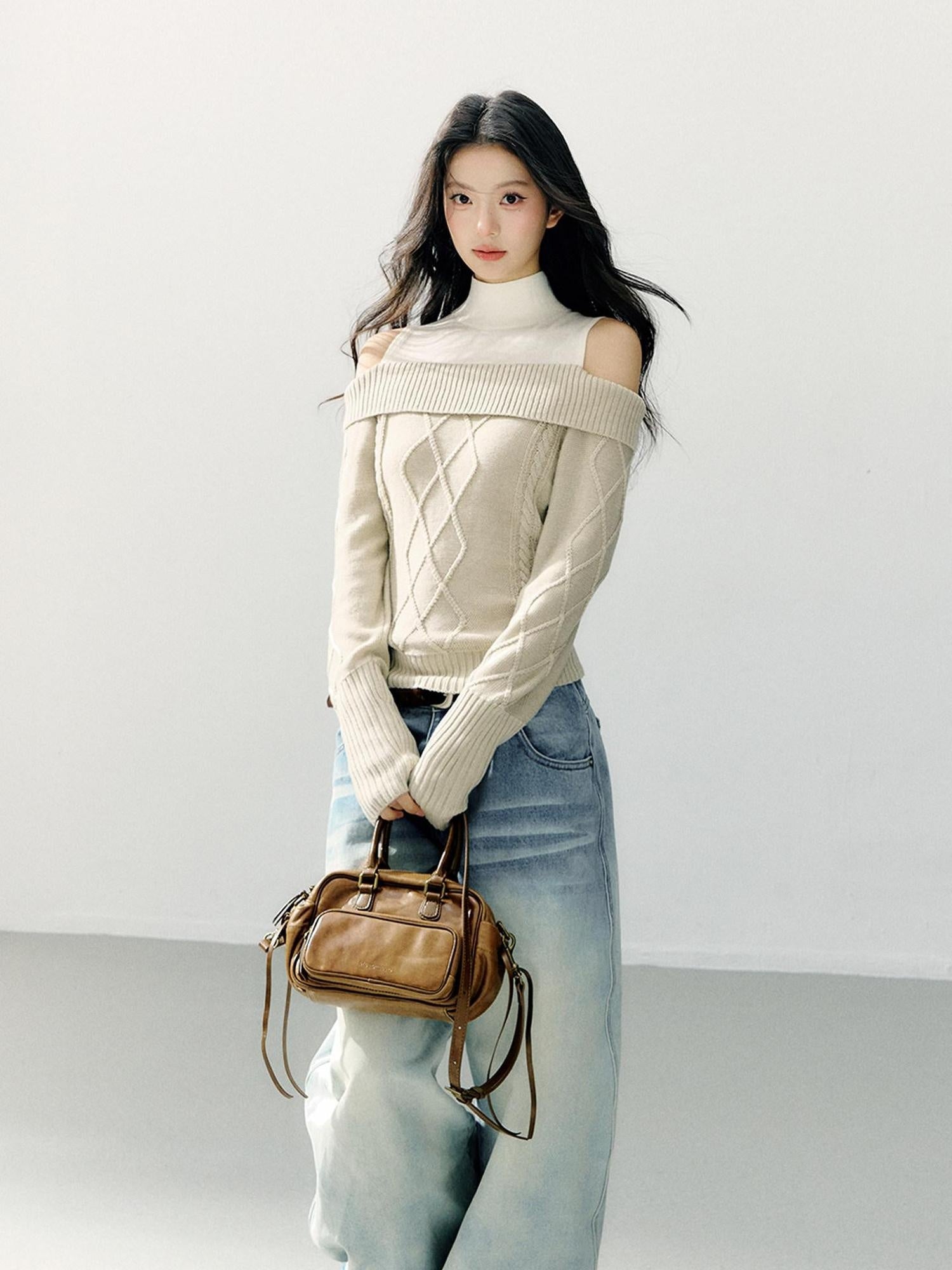 7Shiftin Faux Layer Halter Neck Relaxed Slim Fit Women Campus Knit Pullover Sweaters