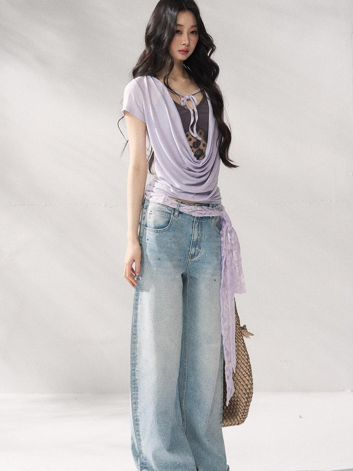 7Shiftin Purple Tie Front Relaxed Crew Neck Short Sleeve Casual Women Basic Crop Tops
