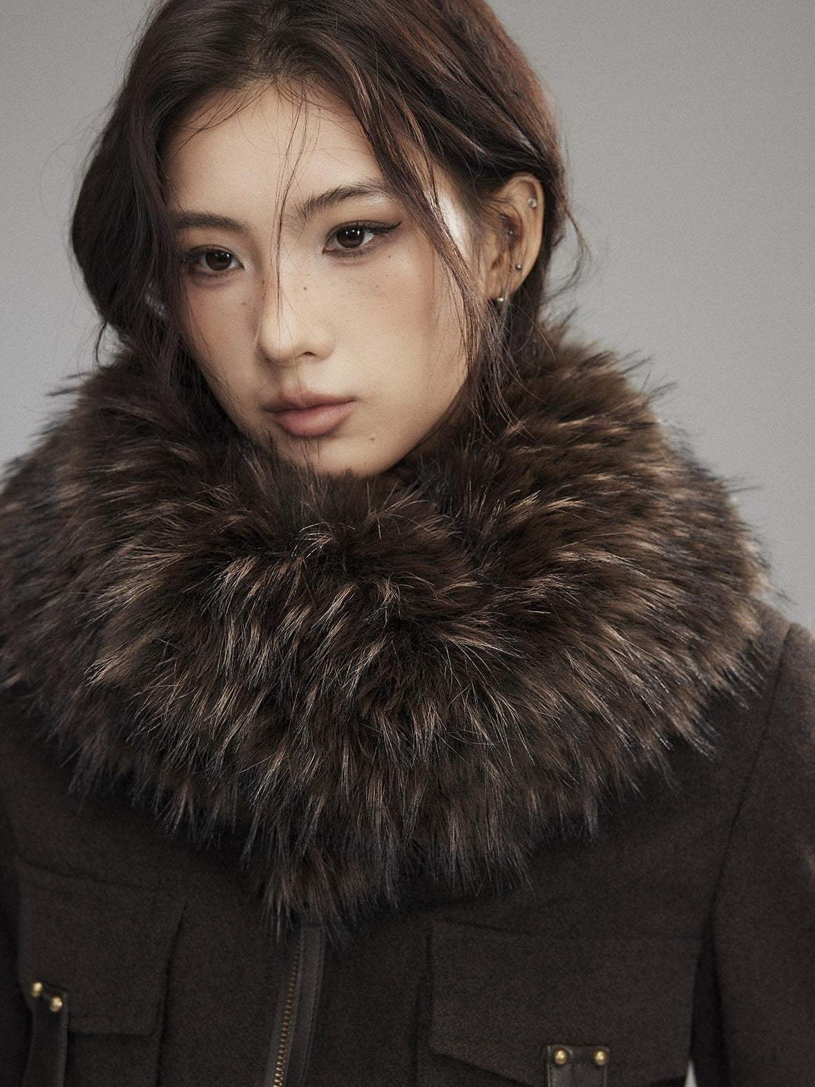 Low pixel Thick Wool Blend Slim Fit Sexy Lapel Zipper Brown Everyday Women Cropped Jackets
