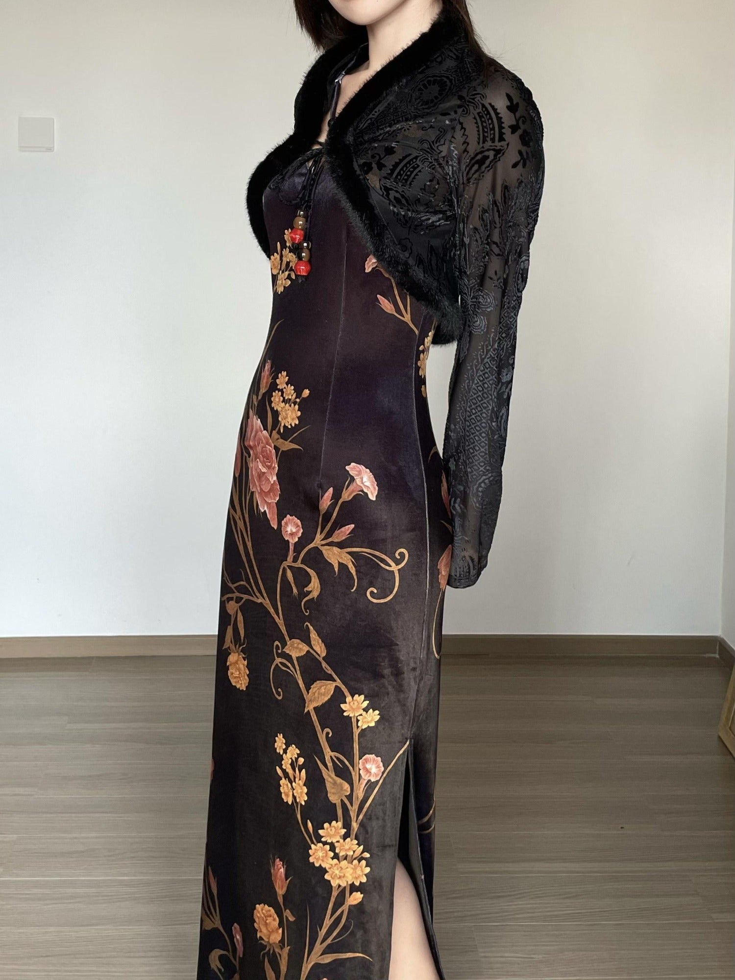 Wet Tail Breathable Floral Cheongsam Vintage Long Sleeve Everyday Casual Maxi Dresses