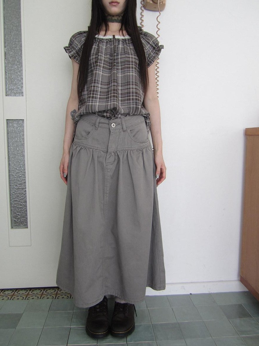 ang project Vintage Distressed Pleated High Waist A Line Women&