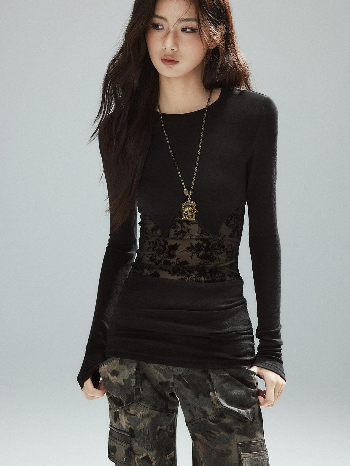 Low pixel Asymmetrical Patchwork Slim Streetwear Black Lyocell Long Sleeve T-Shirts