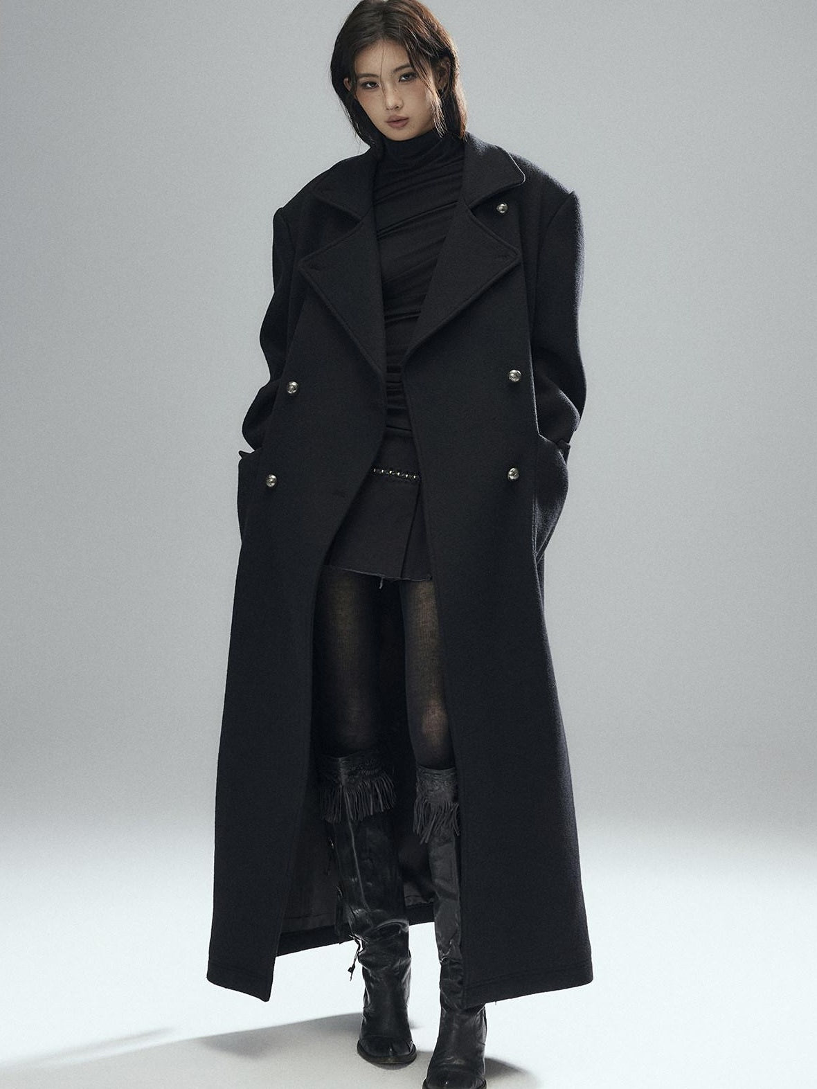 Low pixel Warm Wool Blend Street Oversized Double Breasted Notch Collar Black Wool Coats