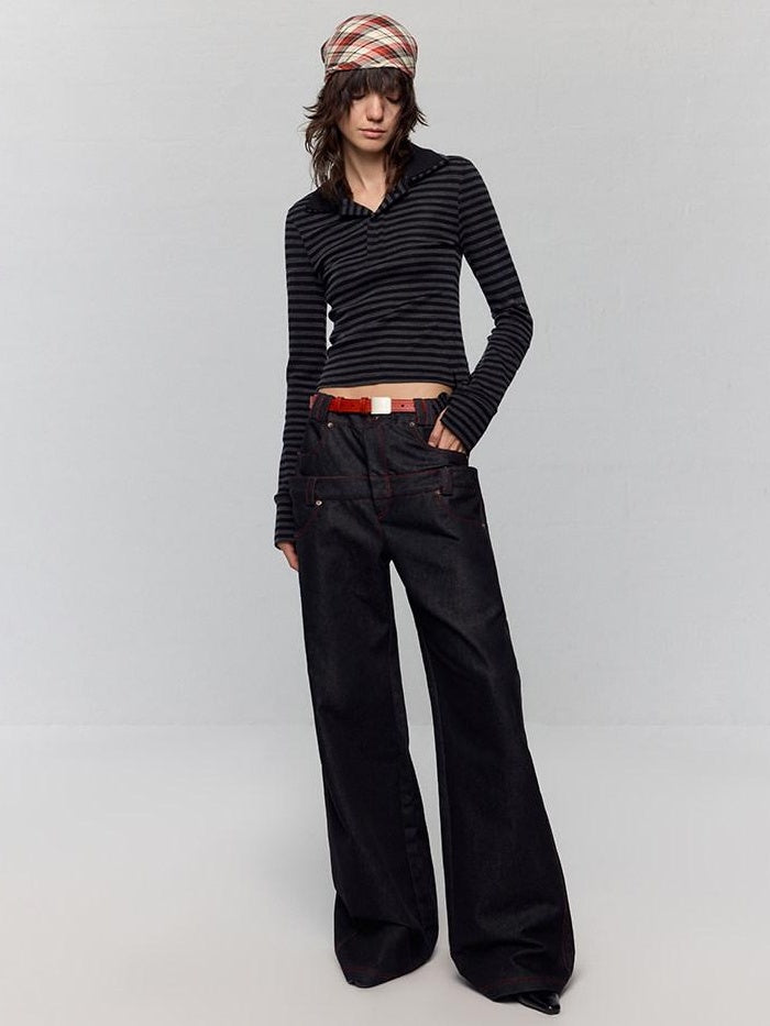 RUN TO THE FUTURE Low Rise Colorblock Loose Fit Zip Fly Black Denim Stretch Wide-Leg Jeans