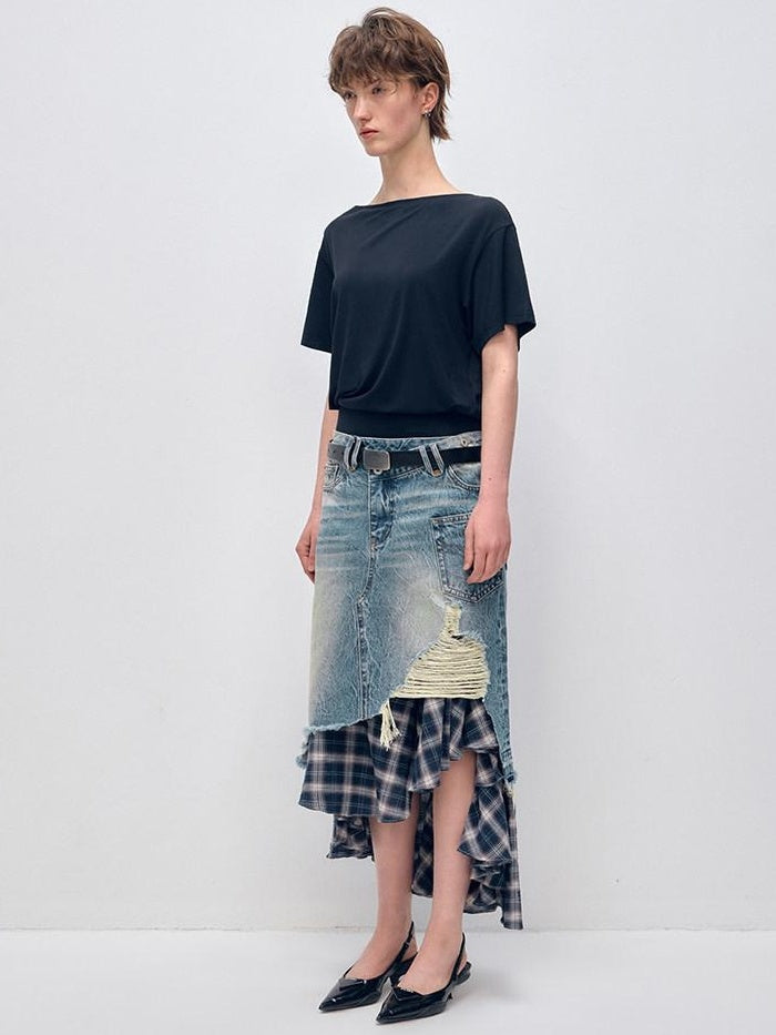 RUN TO THE FUTURE Vintage Patchwork Distressed Low Waist Slim A Line Denim Women Midi Skirts