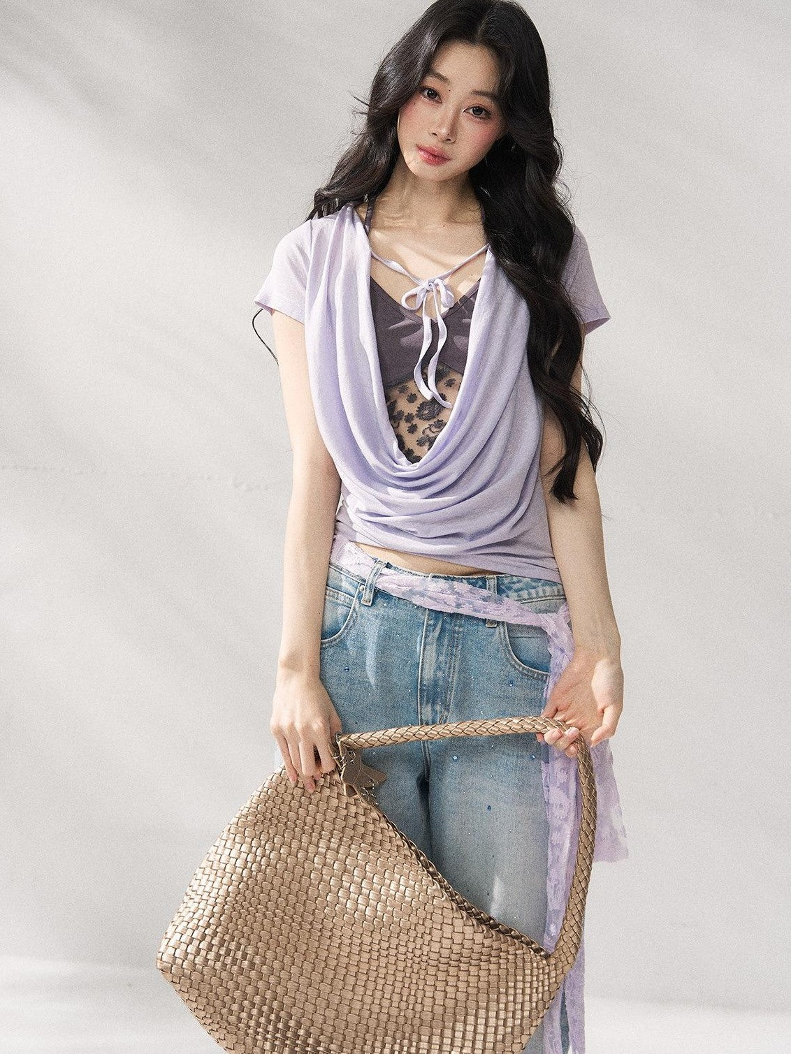 7Shiftin Purple Tie Front Relaxed Crew Neck Short Sleeve Casual Women Basic Crop Tops