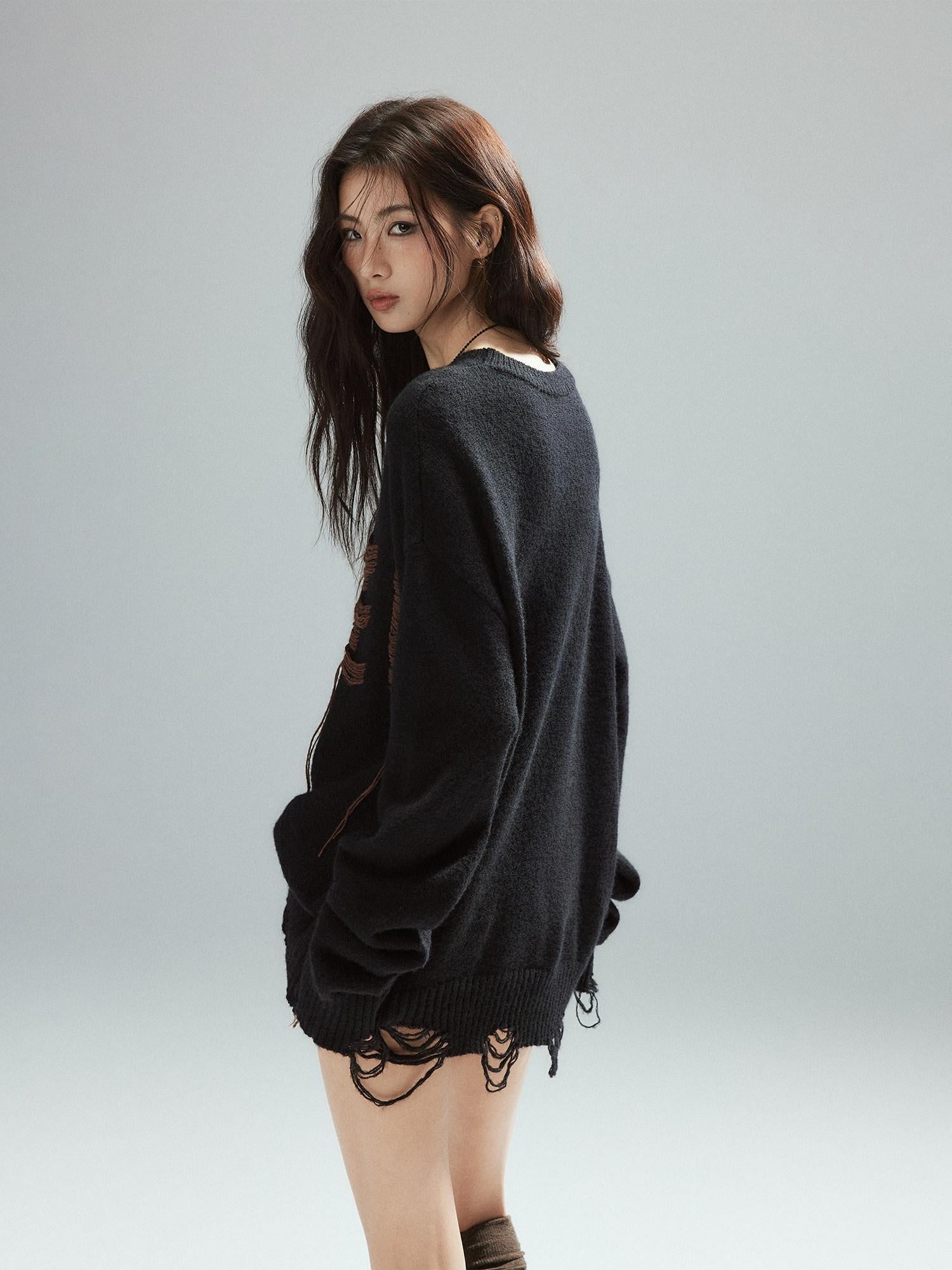 Low pixel Warm Oversized Street Style Distressed Hem Women Black Knit Pullover Sweaters