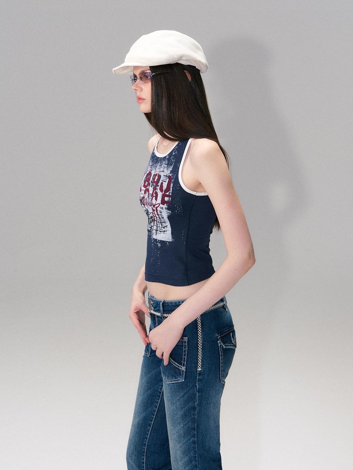 The NeverMore Soft Stretch Cotton Slim Fit Round Neck Printed Cropped Women Navy Camisoles