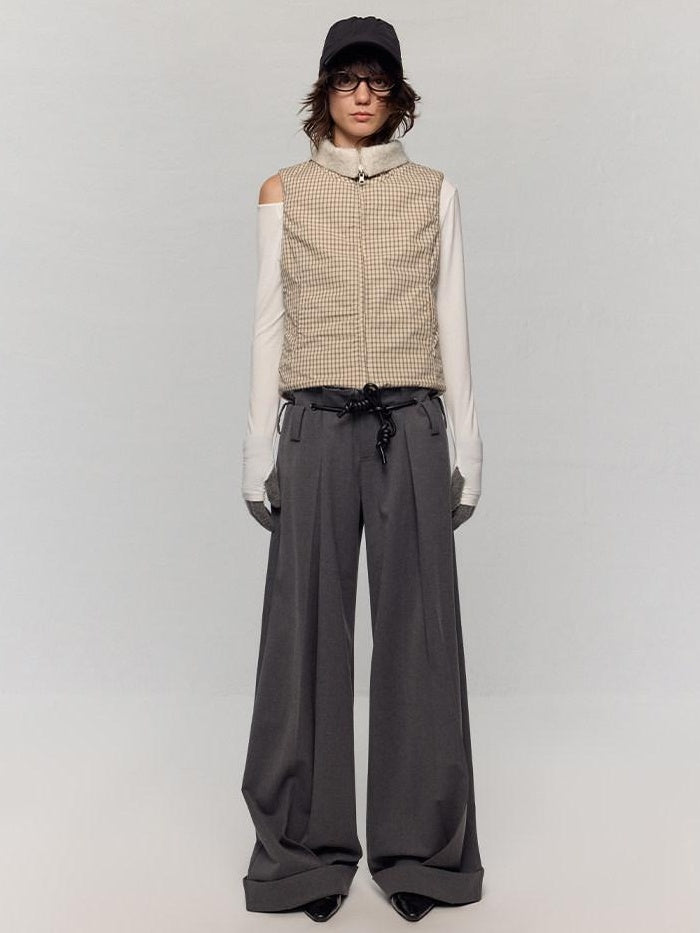 RUN TO THE FUTURE Minimalist Original Tie Detail Low Rise Zipper Women Rock Gray Wide-Leg Pants