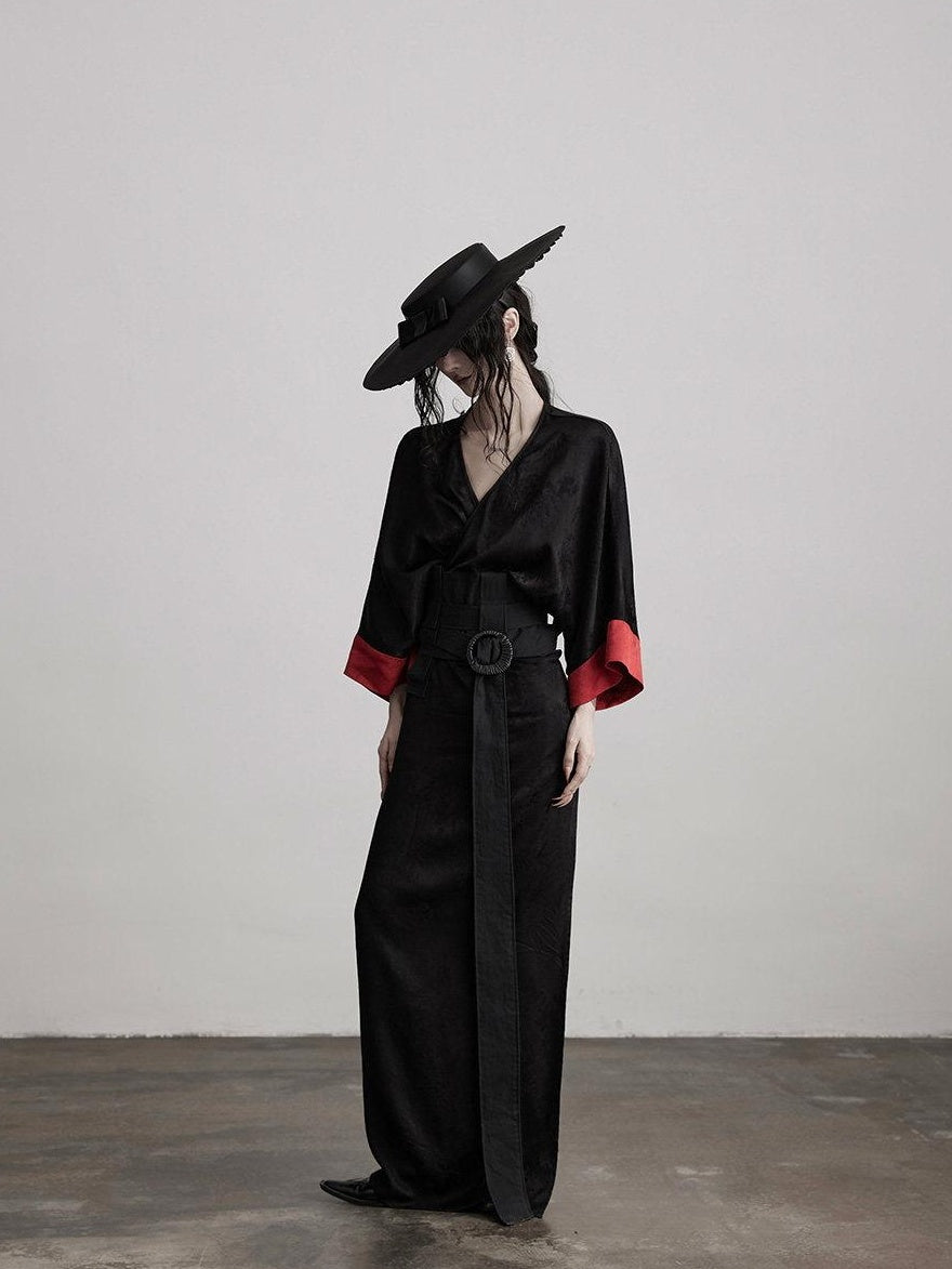INDULGE Gothic V-neck Viscose Flared Loose Casual Womens Black Trench Coats