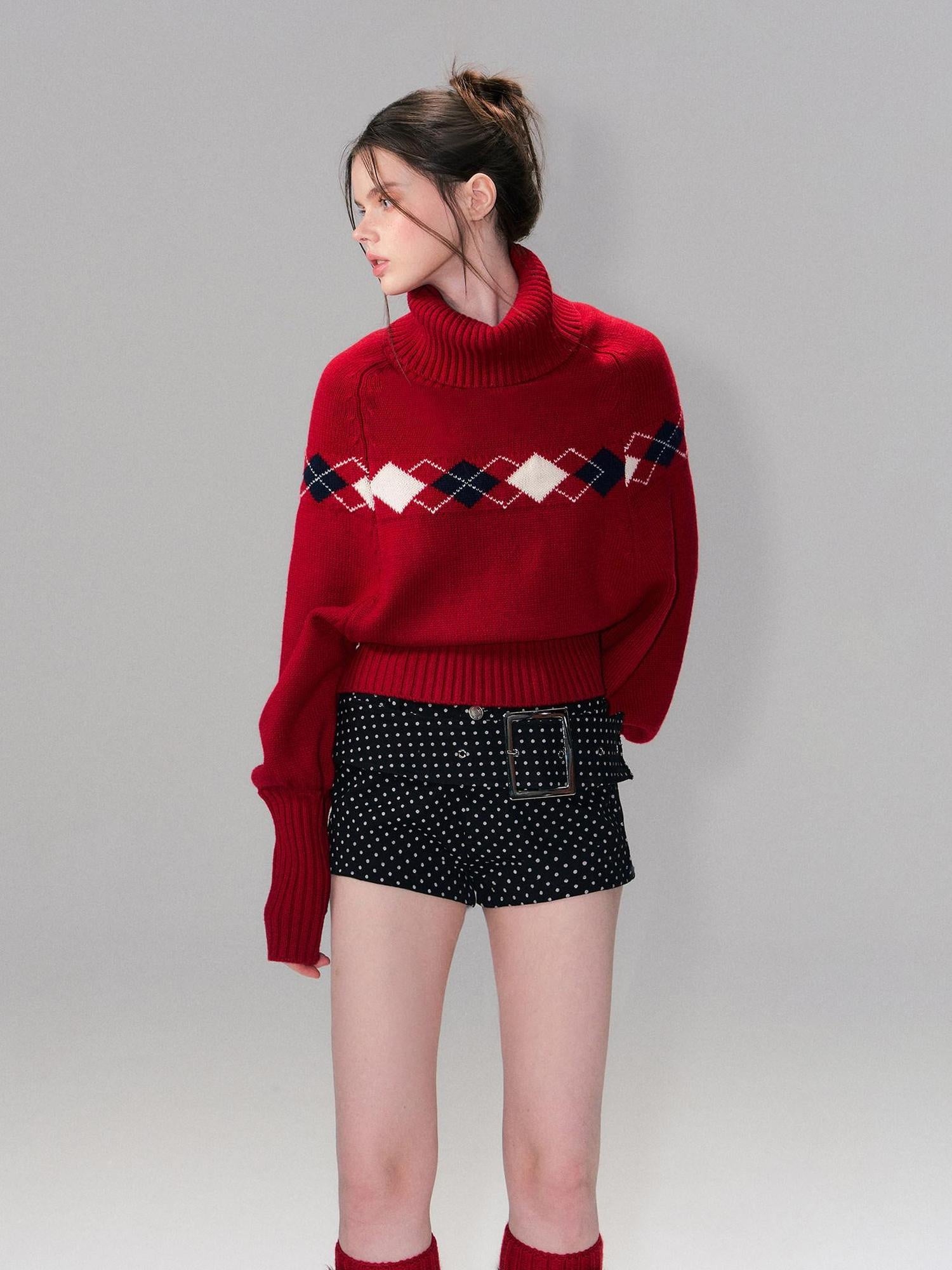 The NeverMore Warm Wool Pullover Vintage Jacquard Cape Batwing Women High Neck Red Sweaters