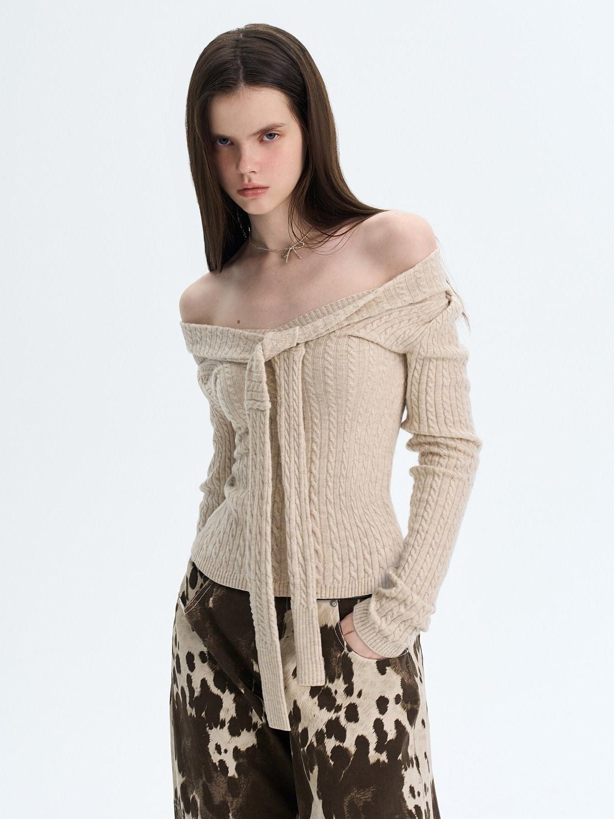 The NeverMore Khaki Wool Blend Slim Fit Layered Tie Detail Off Shoulder Pullover Sweaters