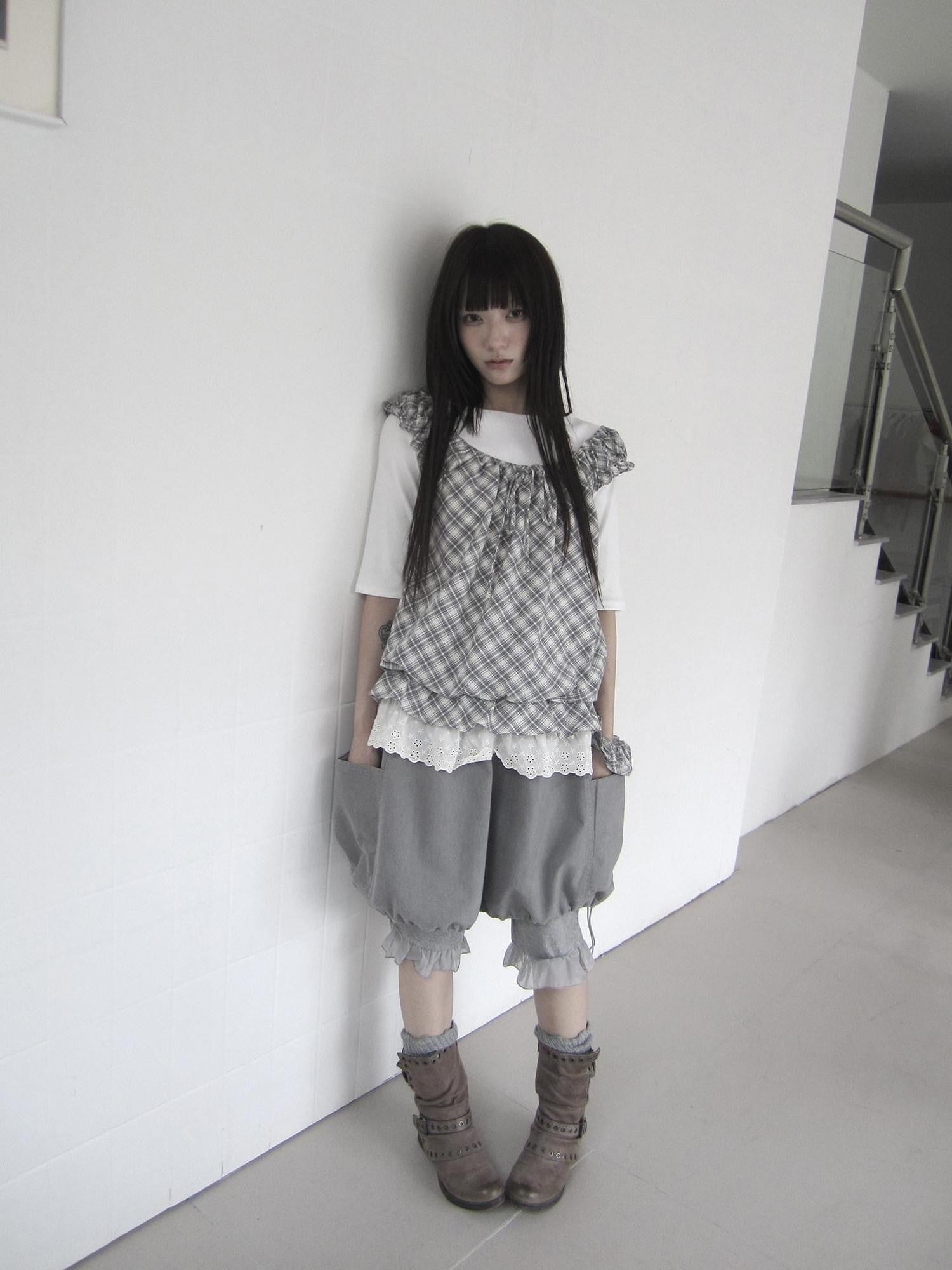 ang project Vintage Plaid Lace Trim Tie Patchwork Round Neck Women&