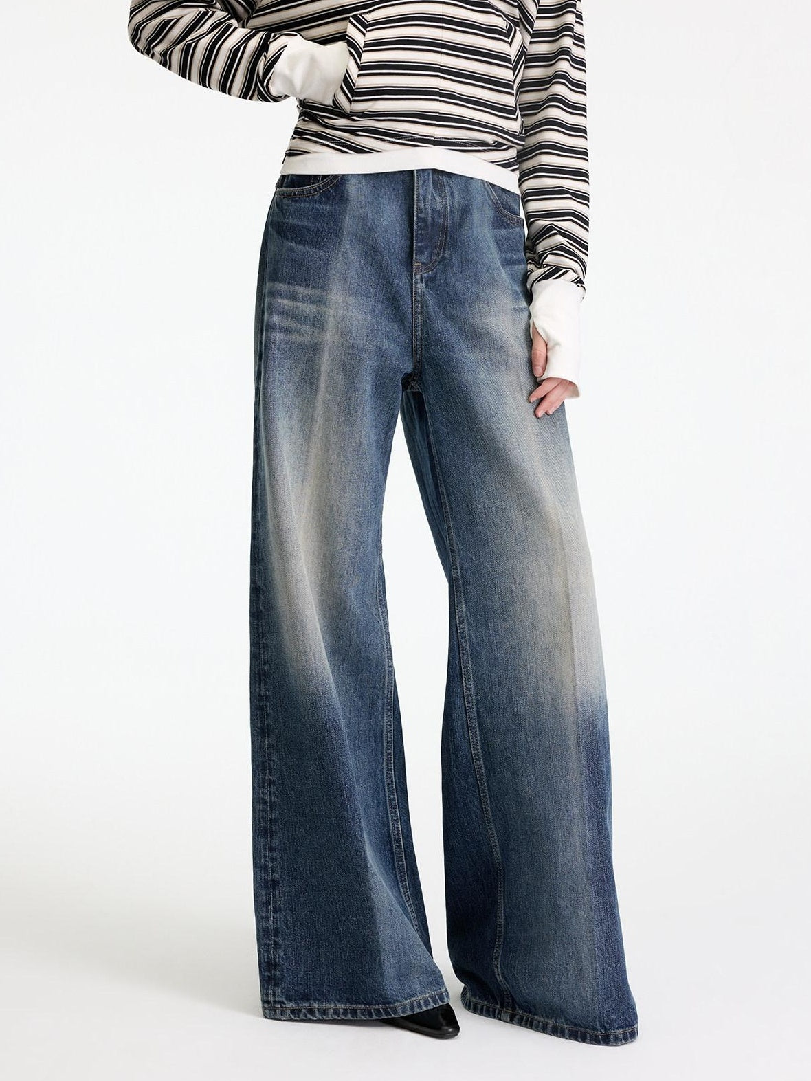 RUN TO THE FUTURE Washed Ice Blue Casual Natural Waist Womens Non Stretch Denim Straight Jeans
