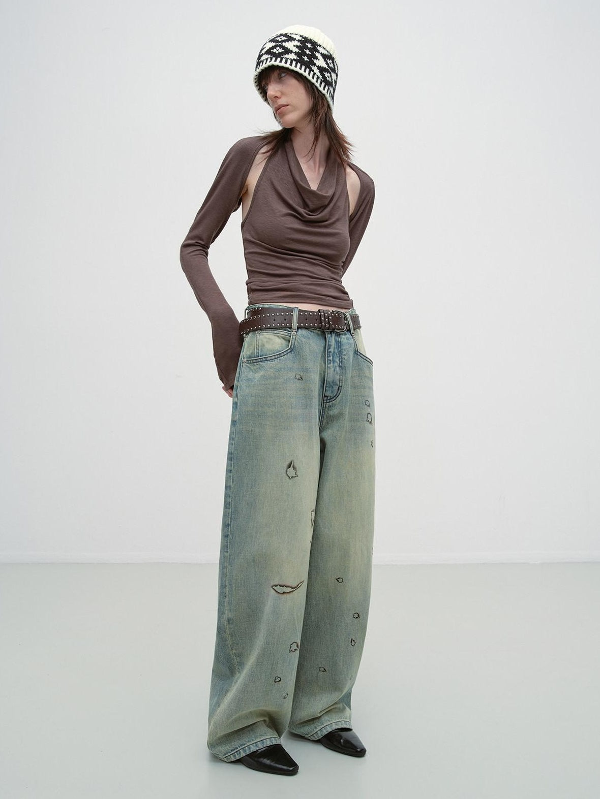 RUN TO THE FUTURE Durable Washed Low Rise Asymmetrical Vintage Unisex Printed Denim Wide-Leg Jeans