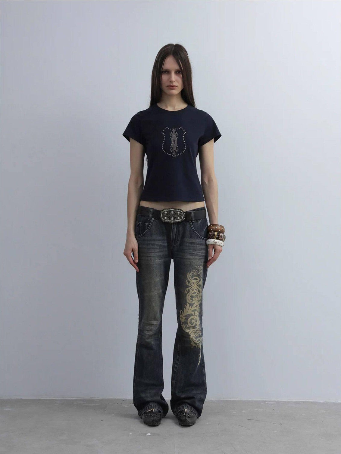 DoublePunch Cropped Hotfix Rhinestone Slim Fit Vintage Women&