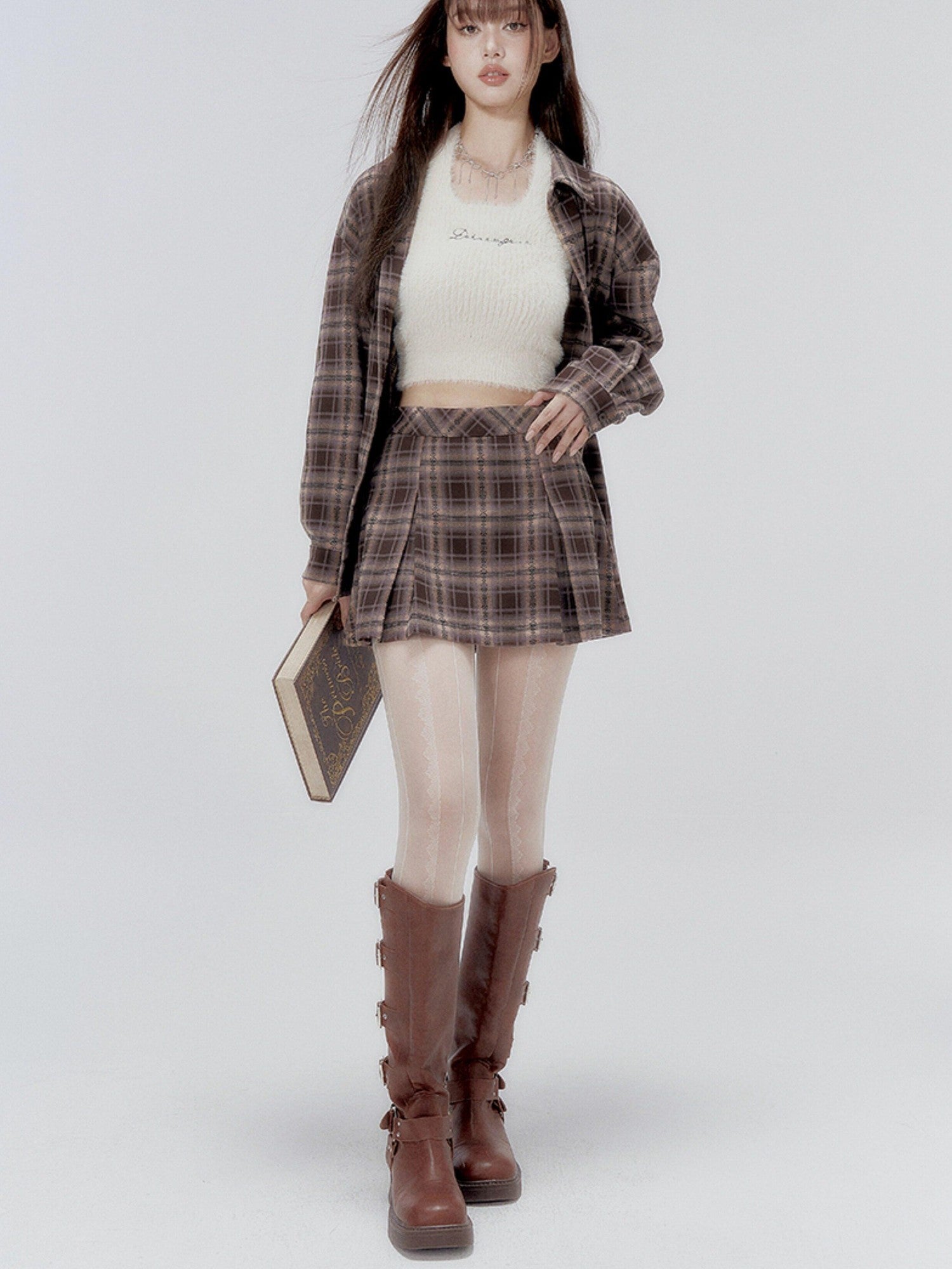 DKZ OFFICIAL Plaid Shirred Drop Shoulder Women&
