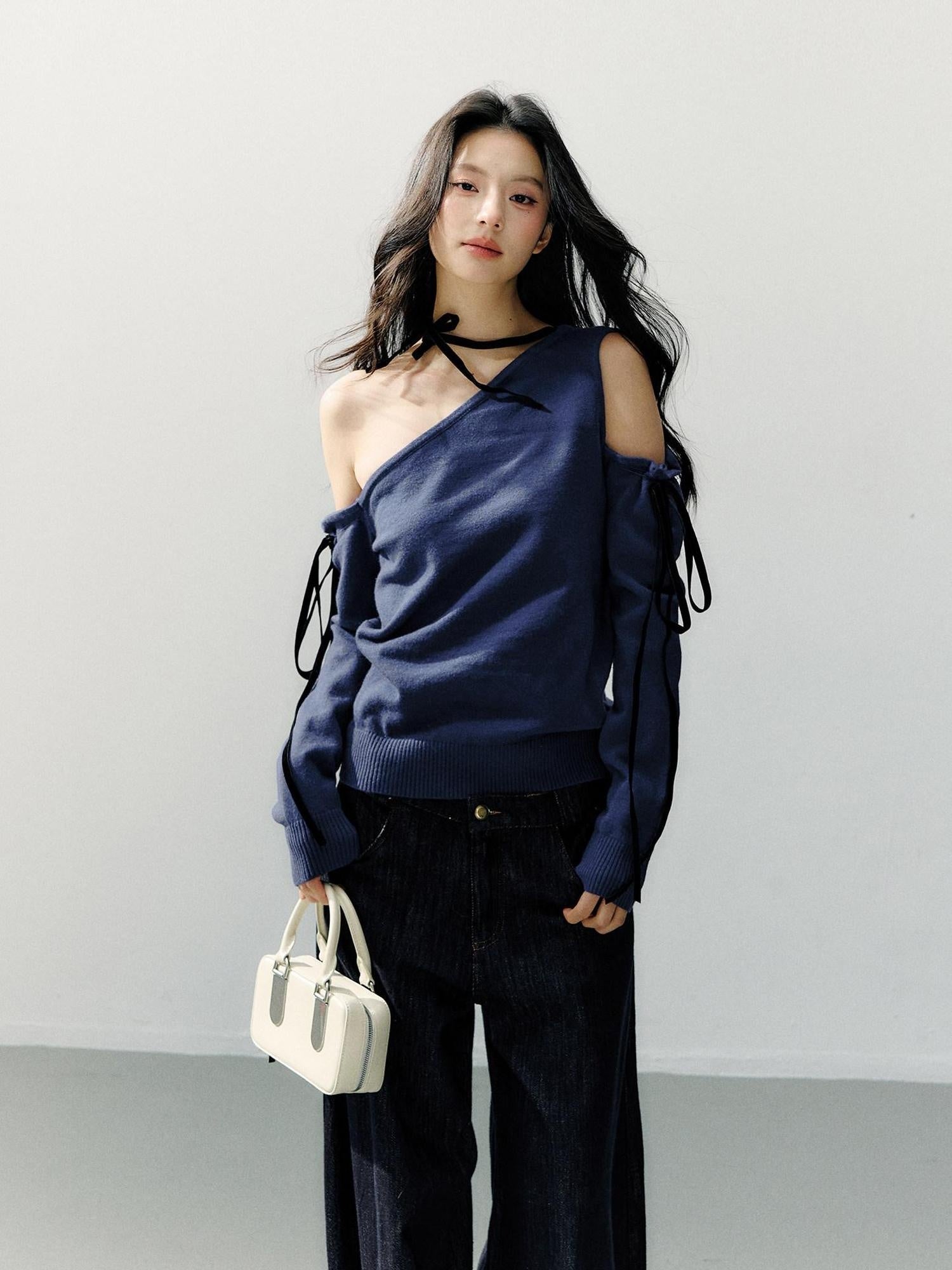 7Shiftin Cozy Casual Loose Backless Women Knit Pullover Blue Long Sleeve Sweaters
