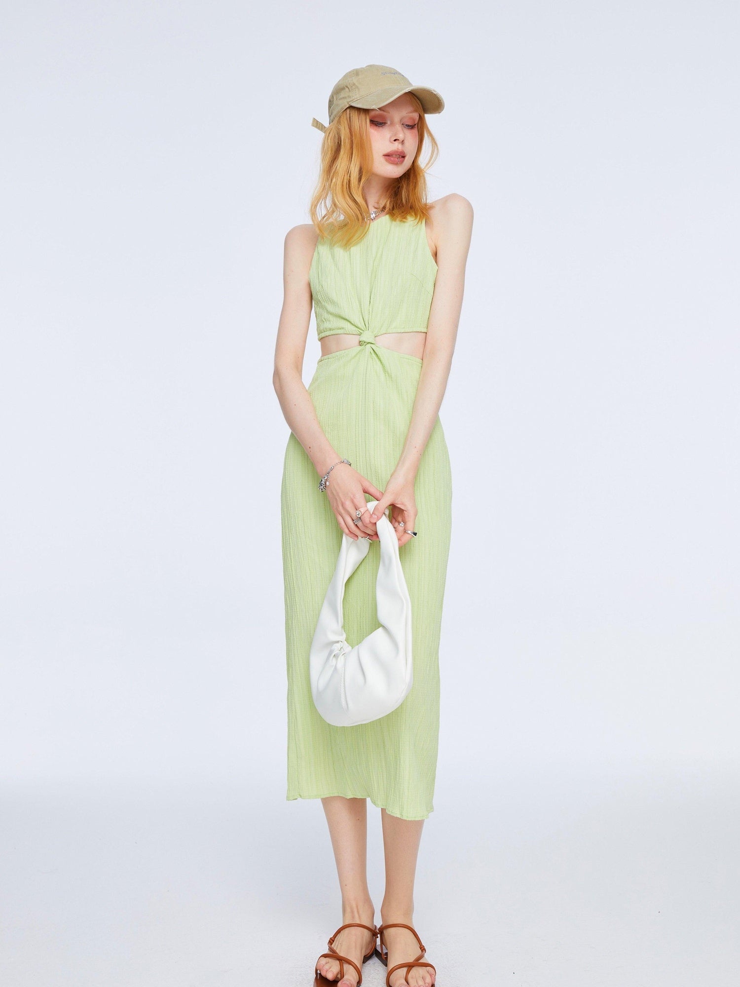 The NeverMore High Waist Pleated Street A Line Sleeveless Women Green Maxi Dresses