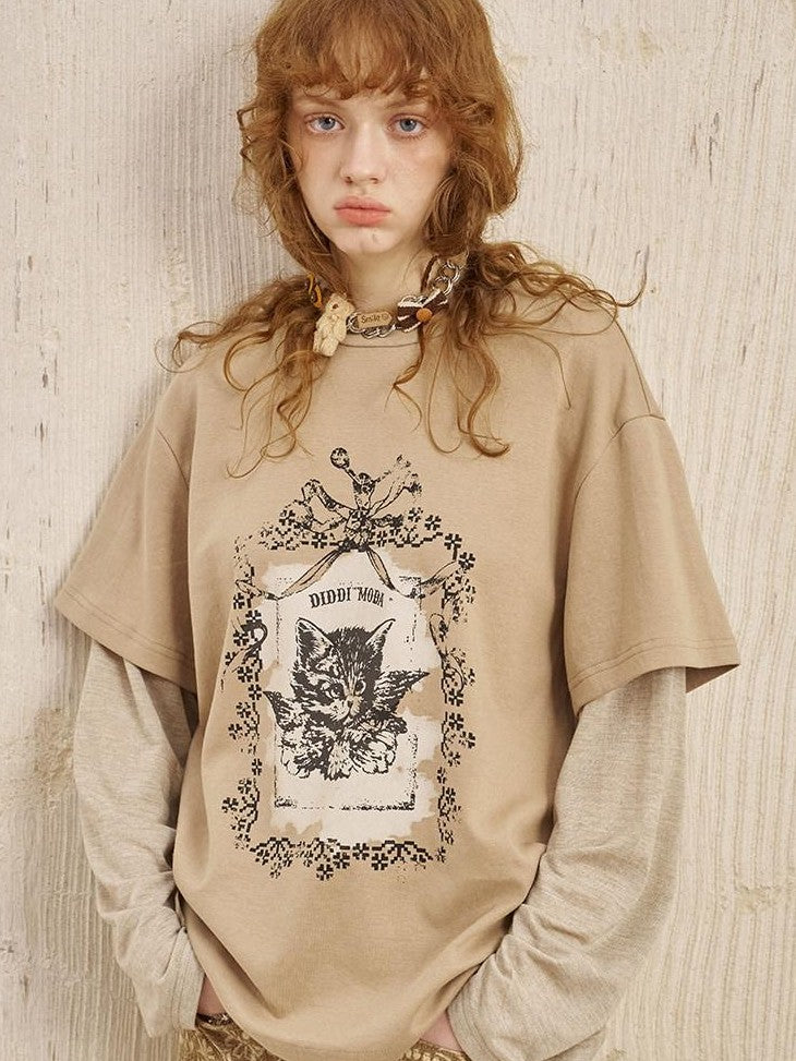 DIDDI MODA Angel Kitten Print Faux Layered Loose Women&