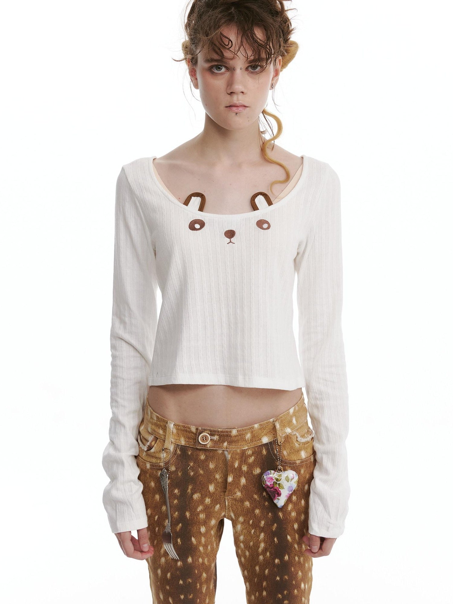 nit alcove Pure Cotton Long Sleeve Casual Cute Bear Women Off Shoulder Crop Tops