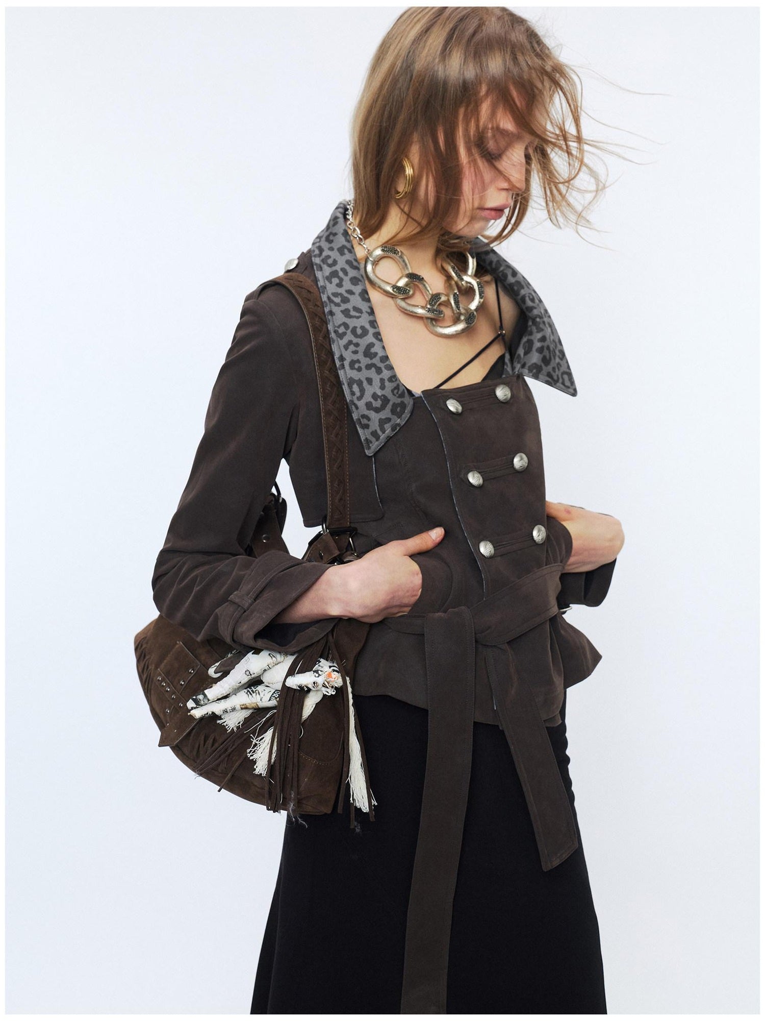 2th Desire Waist Cinch Punk Leopard Print Slim Fit Zip Short Women Trench Coats