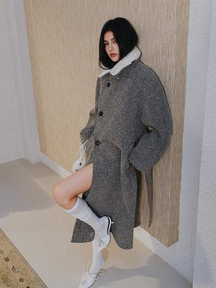 FU FRESH UP Minimalist Detachable Fur Collar Button Tie Women&