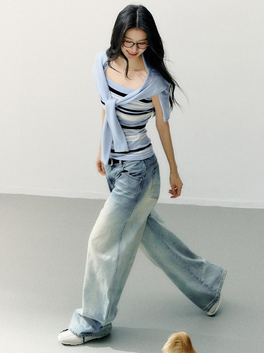 7Shiftin Striped Two Piece Cardigan And Camisole Casual Women Blue Long Sleeve T-Shirts