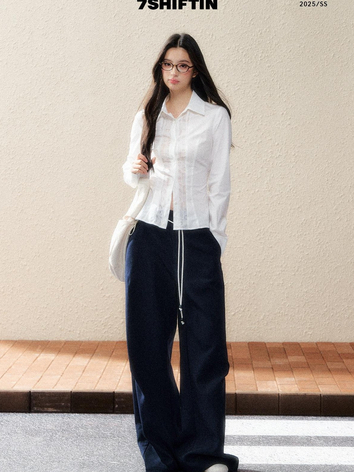 7Shiftin Versatile Minimal Straight Cut Natural Elastic Waist Women Navy Wide Leg Pants