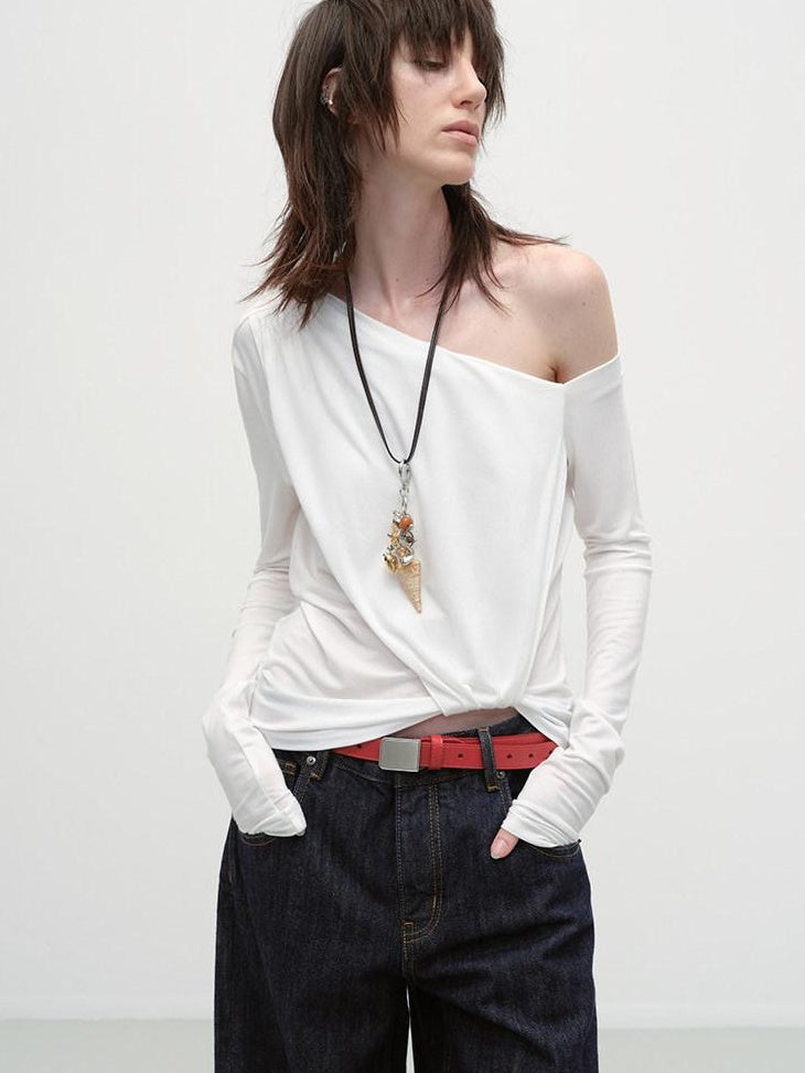 RUN TO THE FUTURE Moisture Wicking Lyocell Slim Asymmetric Neck Ruched Long Sleeve T-Shirts