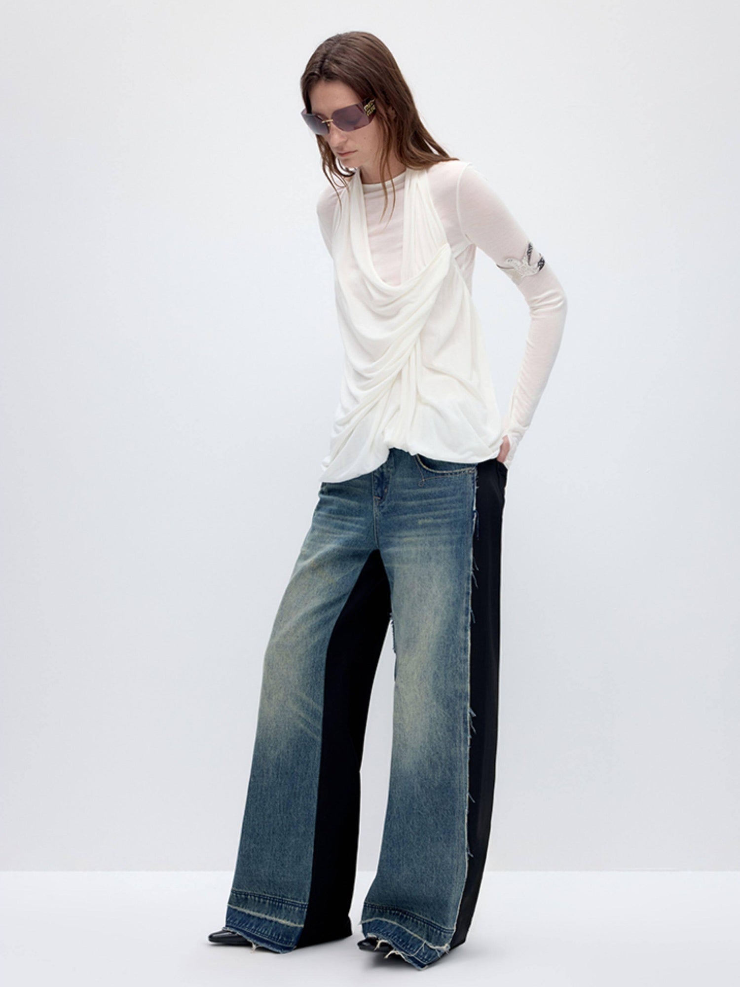 RUN TO THE FUTURE Tencel Wool Blend Pleated Commuter Slim Solid Milk White Long Sleeve T-Shirts