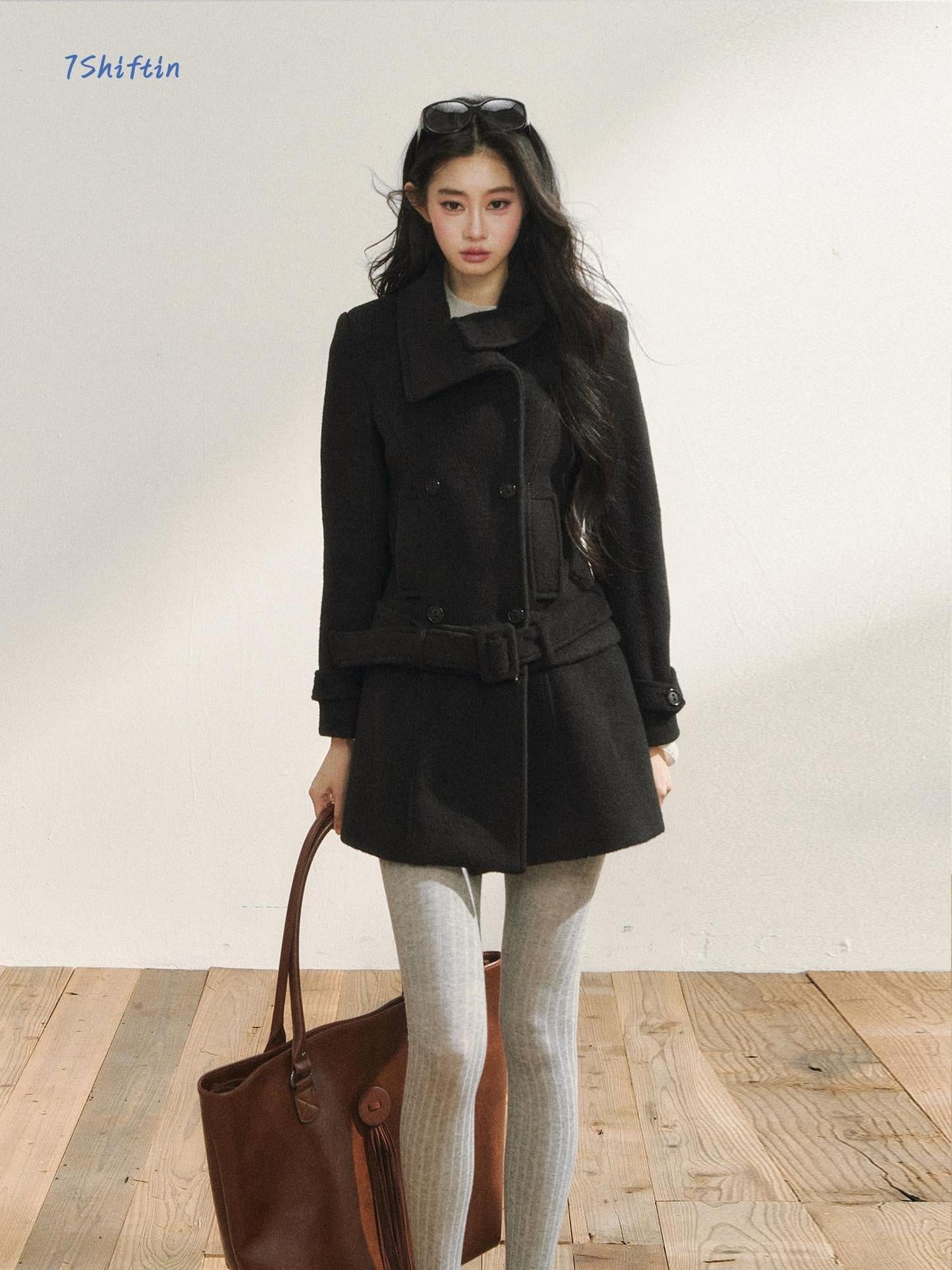 7Shiftin Detachable Wool Casual Cinched Waist Double Breasted Women Black Short Coat