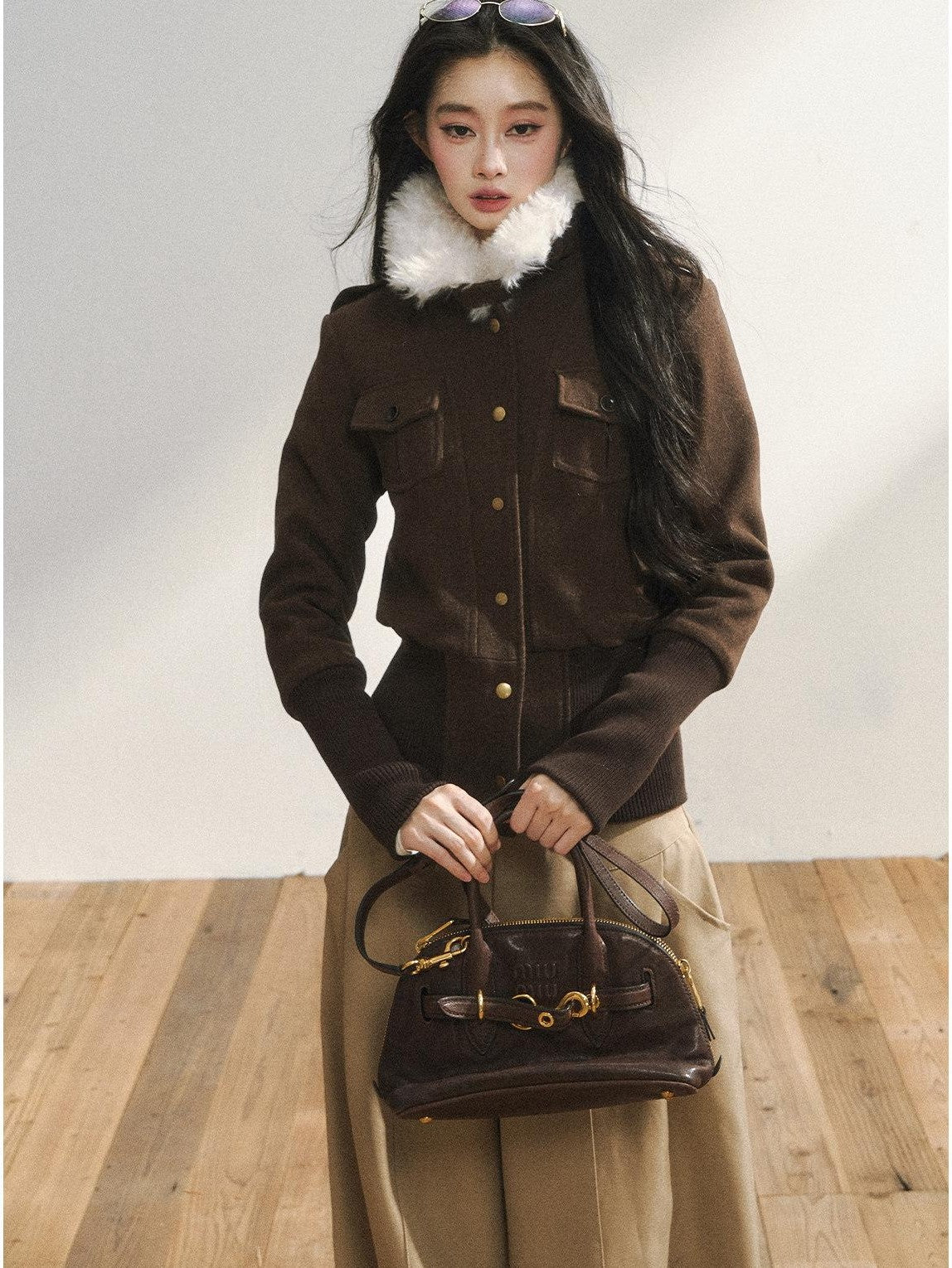 7Shiftin Slimming Casual Loose Fit Womens Brown Button Front Cropped Jackets