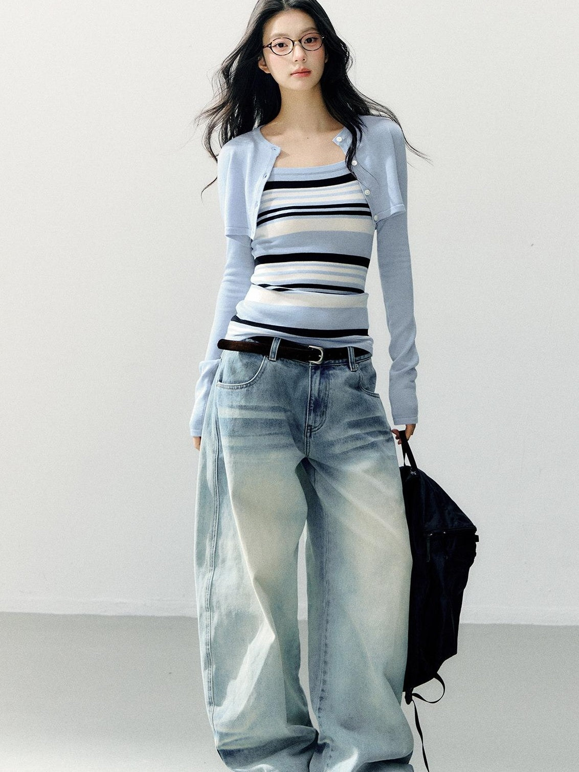 7Shiftin Striped Two Piece Cardigan And Camisole Casual Women Blue Long Sleeve T-Shirts